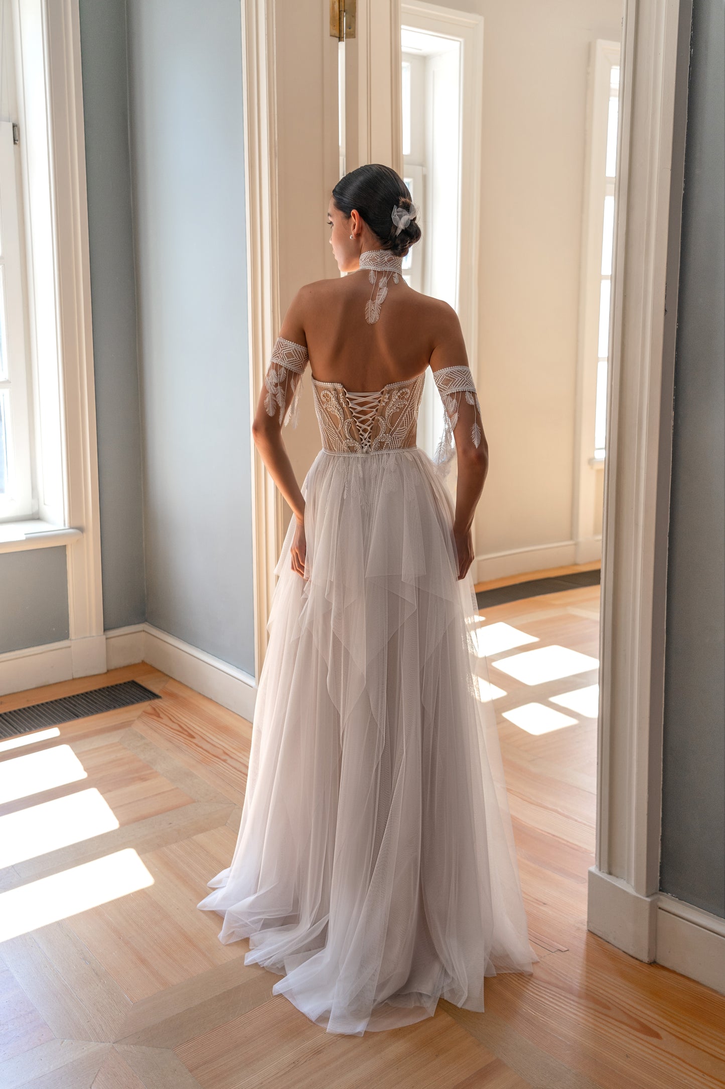 Boho tulle wedding dress with off-the-shoulder sleeveless straps
