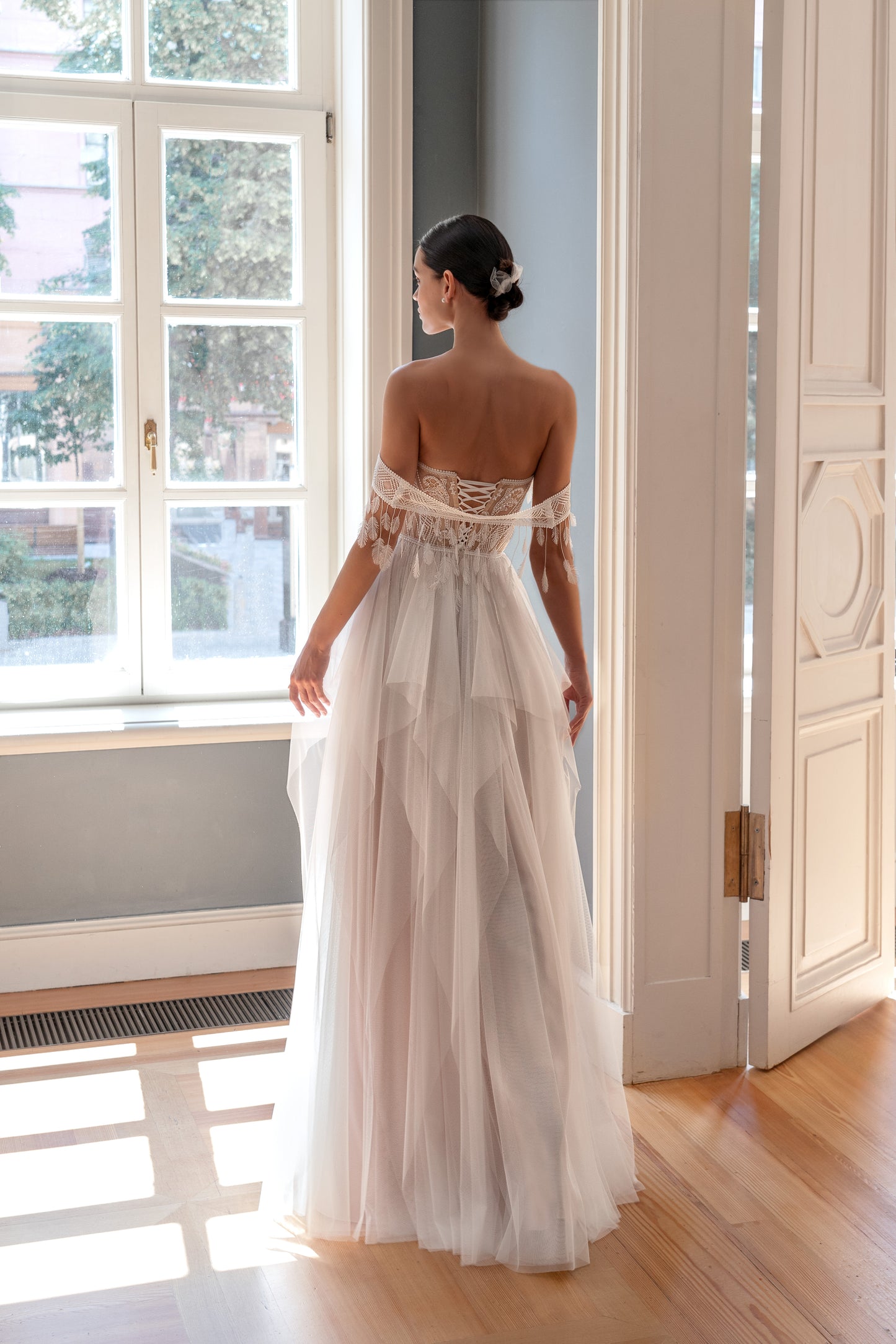 Boho tulle wedding dress with off-the-shoulder sleeveless straps