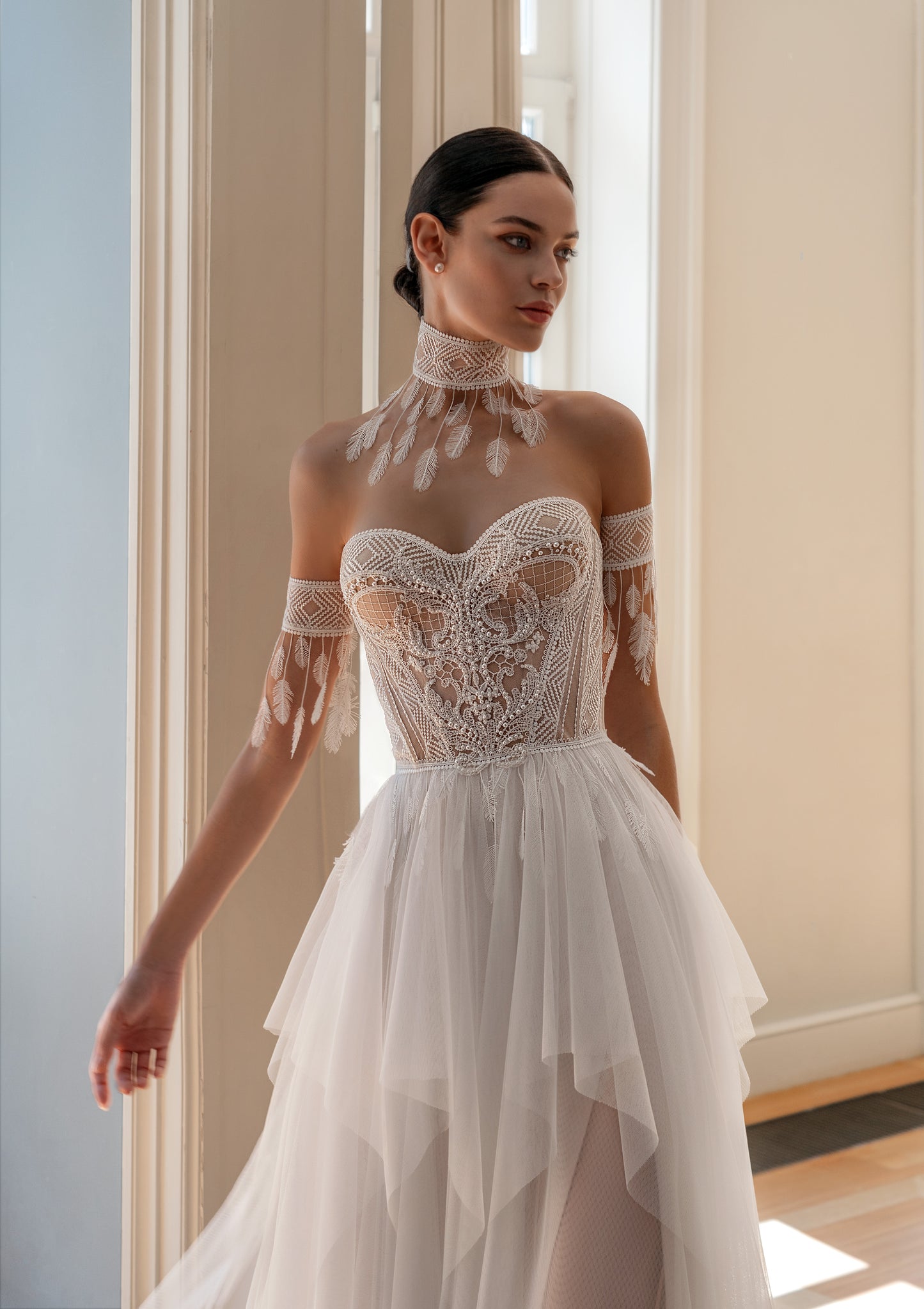 Boho tulle wedding dress with off-the-shoulder sleeveless straps