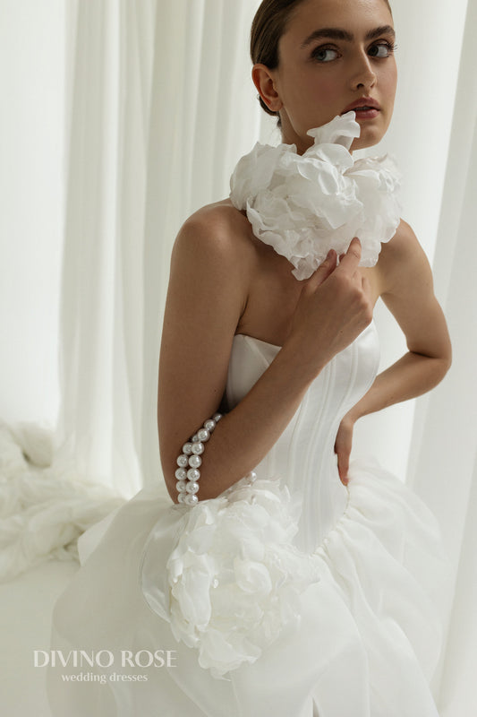 Mini organza reception wedding dress with boat neckline