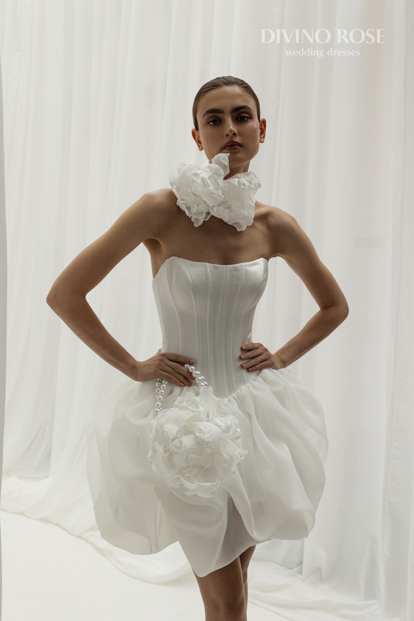 Mini organza reception wedding dress with boat neckline