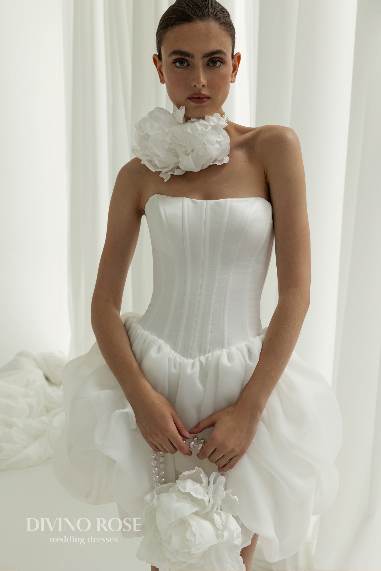 Mini organza reception wedding dress with boat neckline
