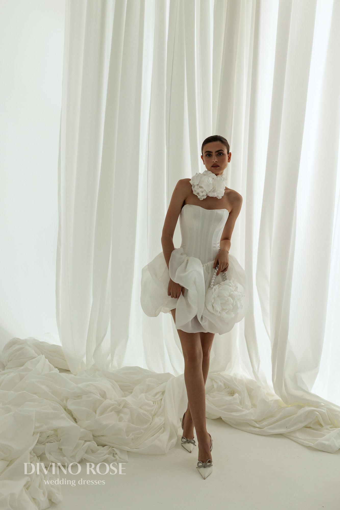 Mini organza reception wedding dress with boat neckline