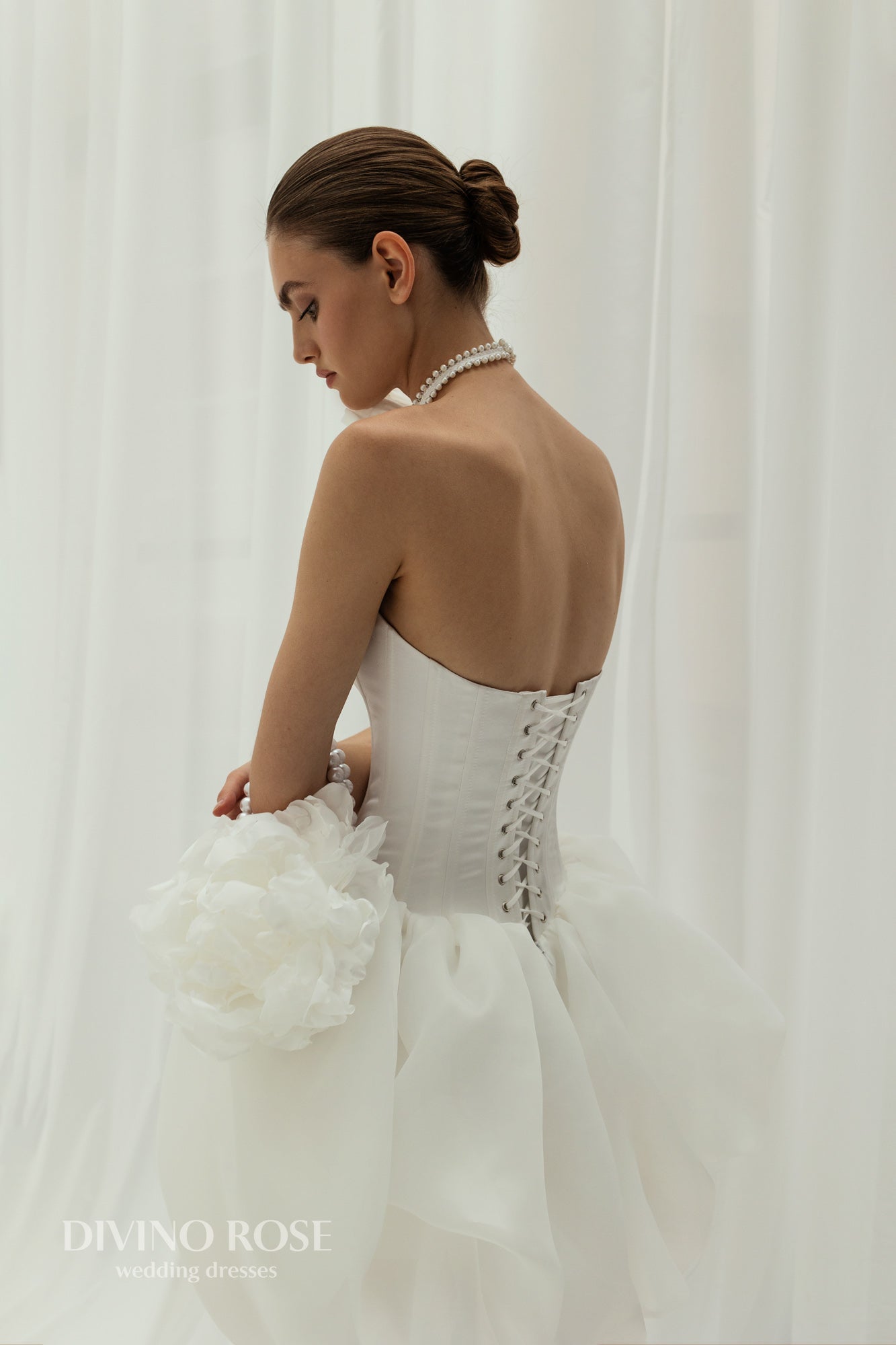 Mini organza reception wedding dress with boat neckline