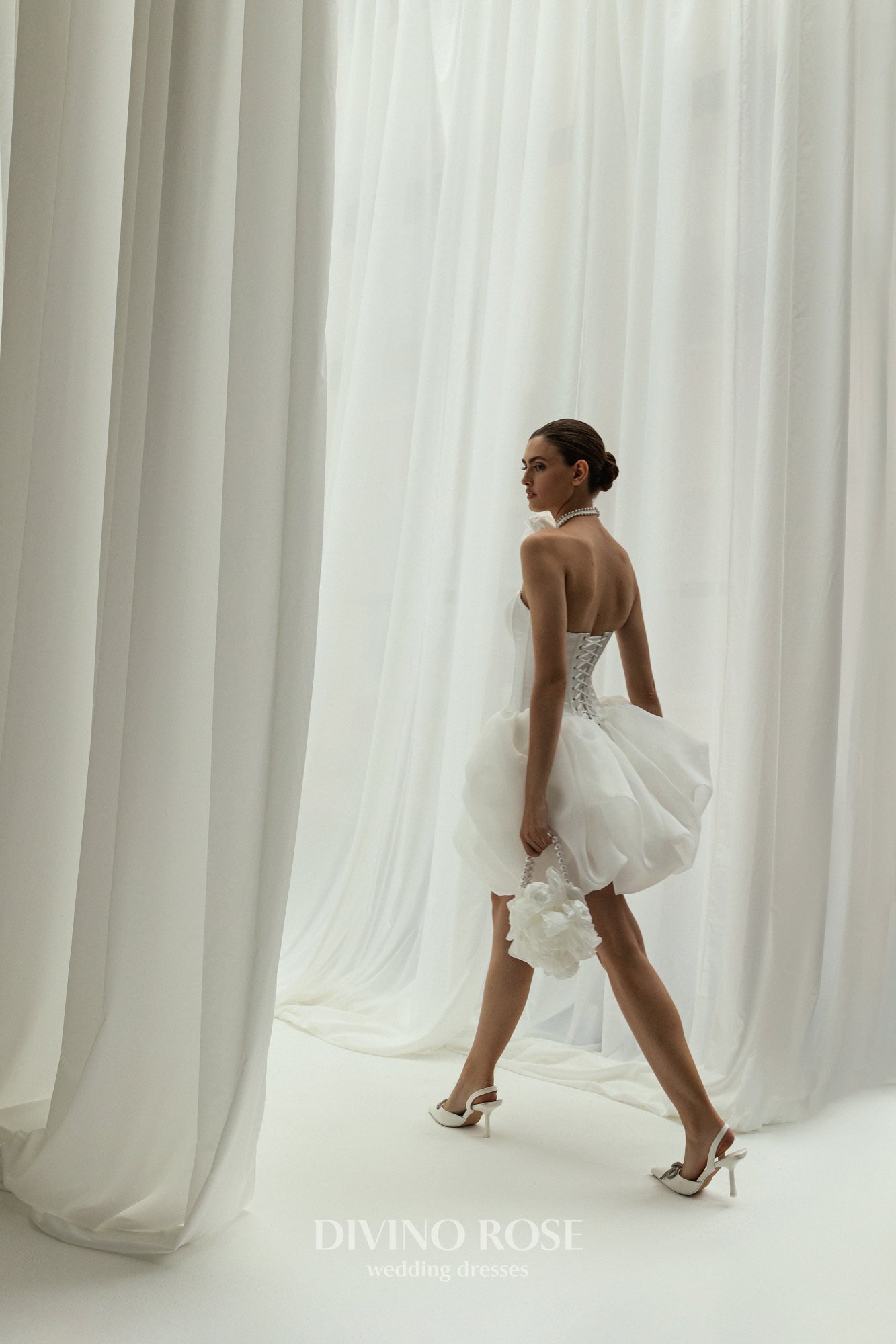 Mini organza reception wedding dress with boat neckline