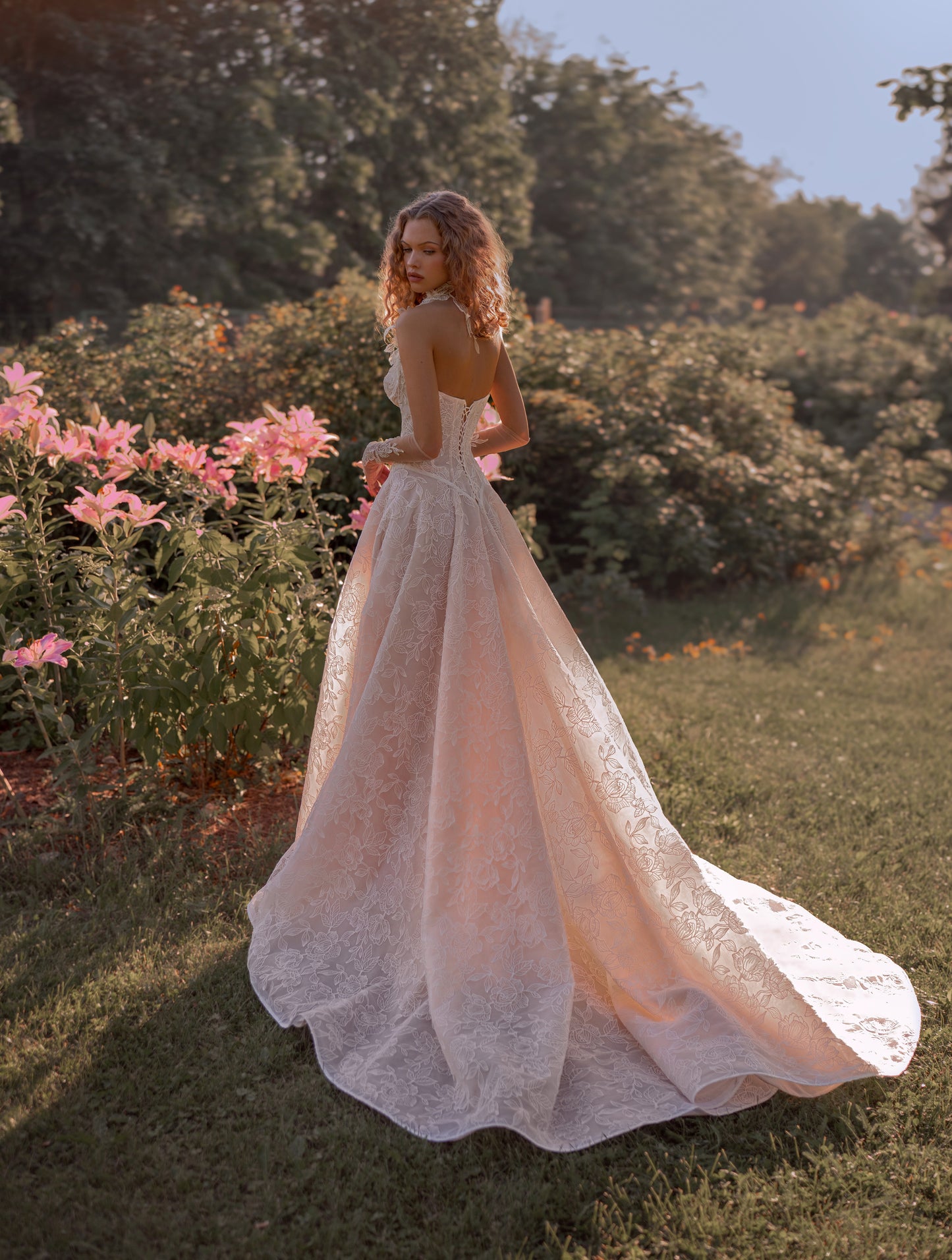 Strapless A-Line / Ball Gown Floral Lace Corset Gown with Full Skirt