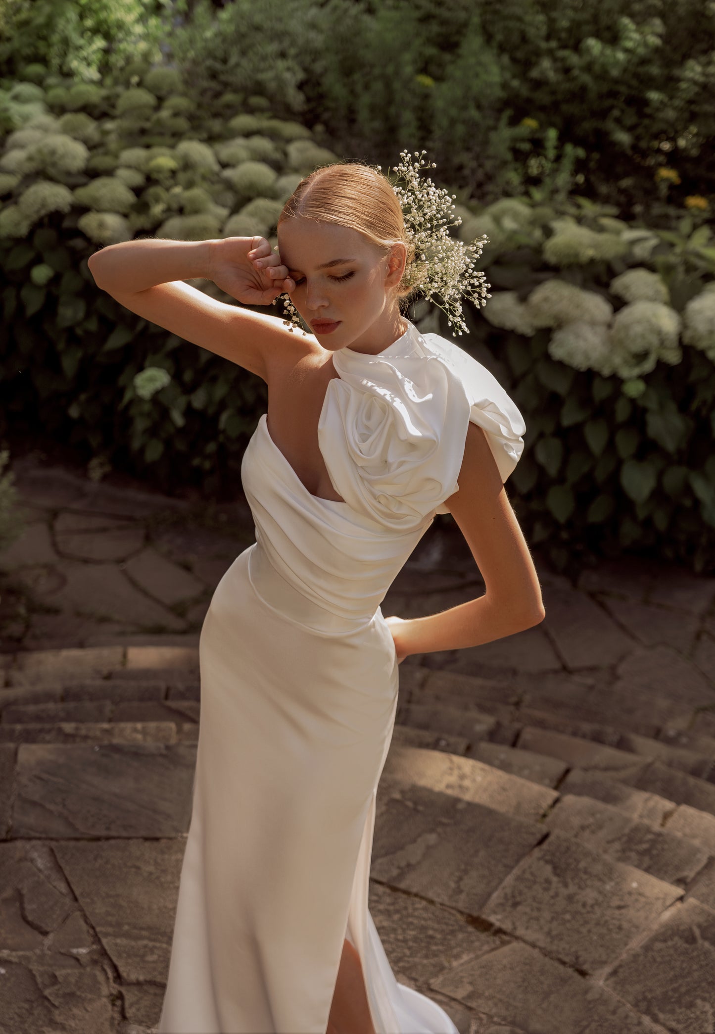 Minimalist sheath wedding dress with sweep train & side slit