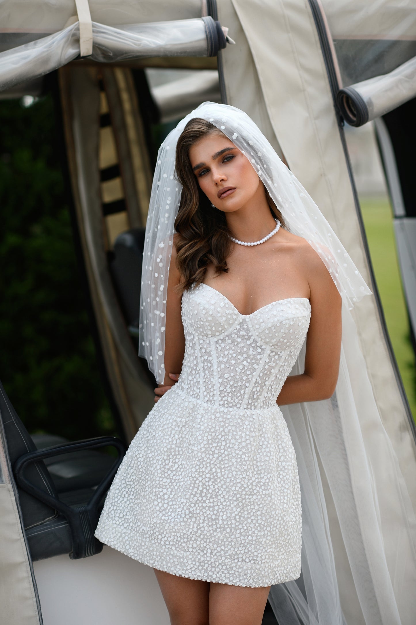 Mini glitter reception wedding dress with sweetheart neckline
