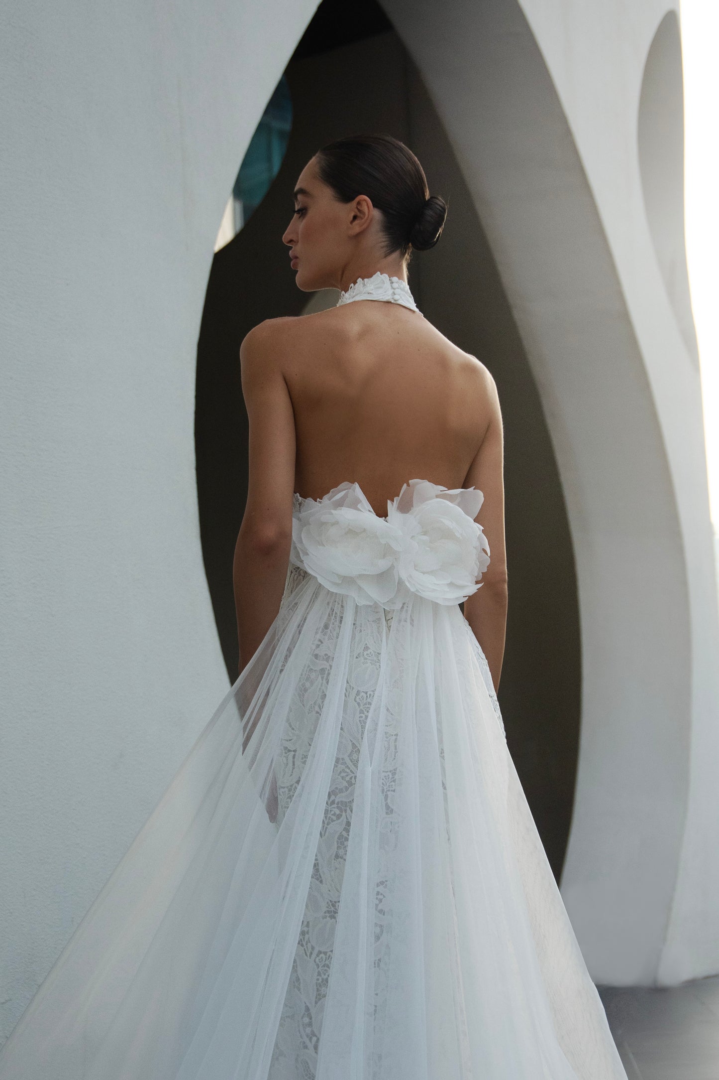 Backless halter lace sheath wedding dress with detachable tulle overskirt and cathedral train, photographed in the city.