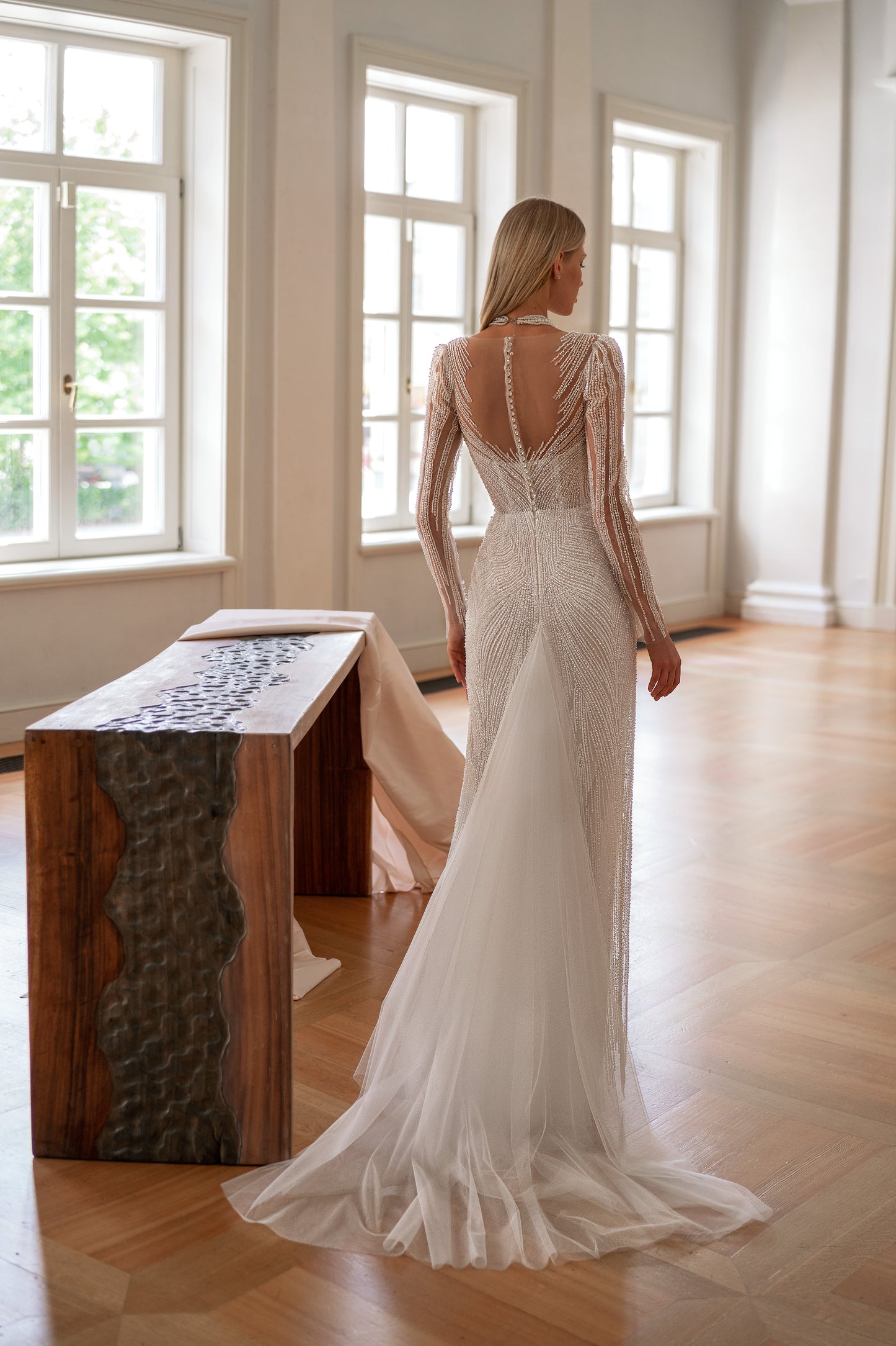 Sequin lace wedding dress with long sleeves and sweep train