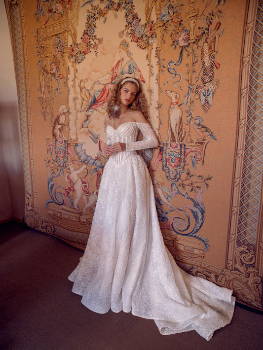 Off-the-Shoulder Beaded Lace Ball Gown Wedding Dress with Corset Bodice & Cathedral Train