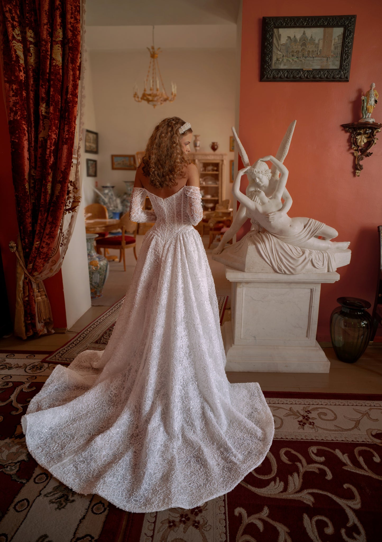 Off-the-Shoulder Beaded Lace Ball Gown Wedding Dress with Corset Bodice & Cathedral Train