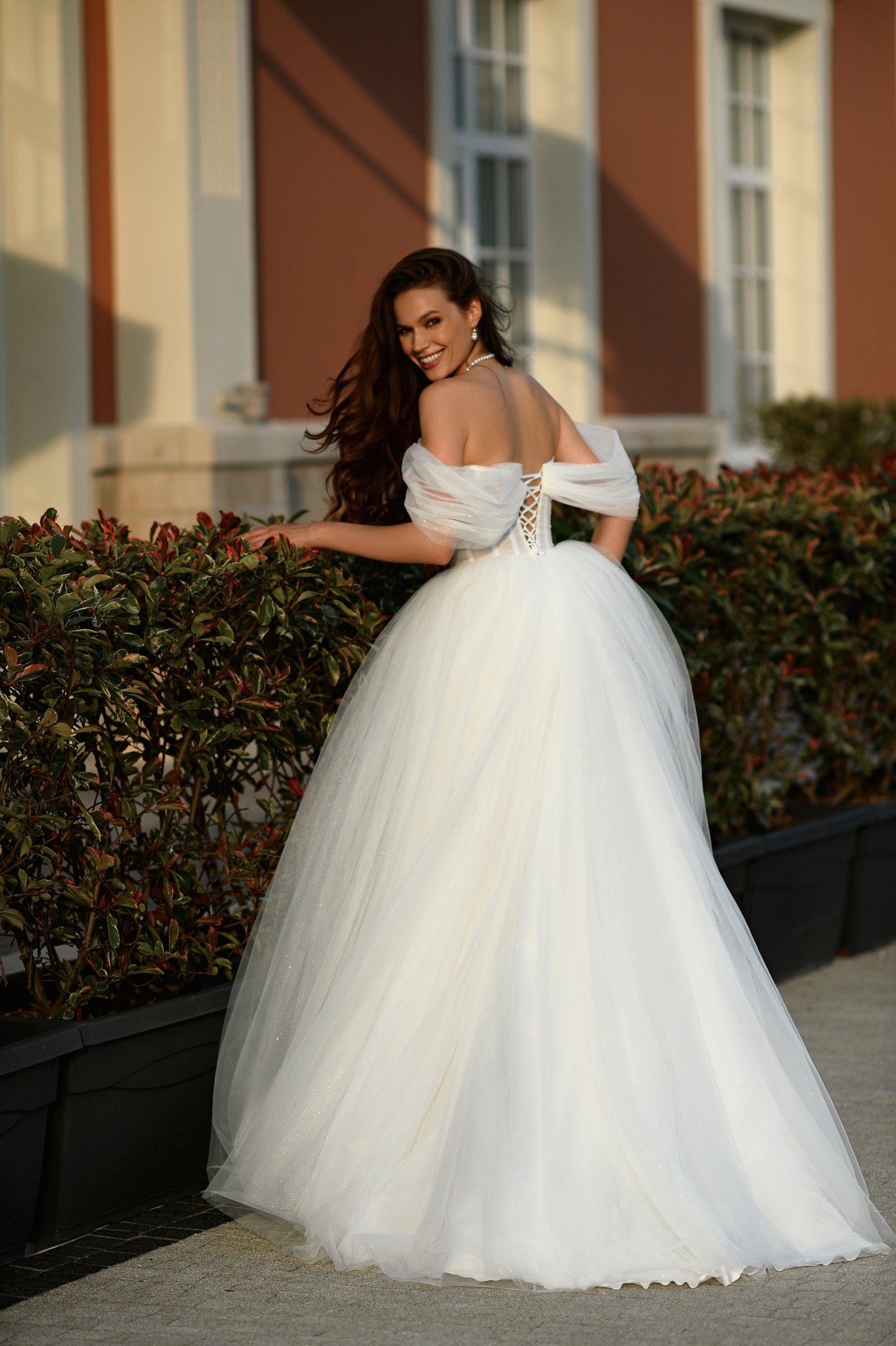 Princess wedding dress with off-the-shoulder & glitter tulle