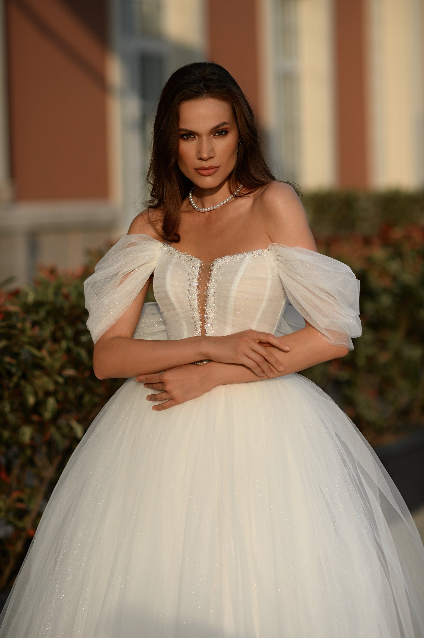 Princess wedding dress with off-the-shoulder & glitter tulle