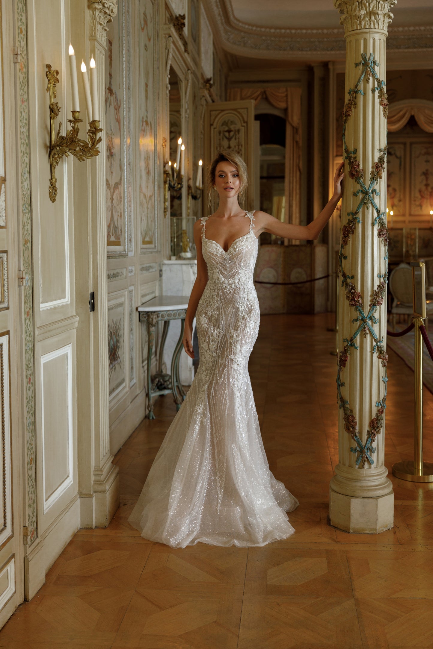Fitted wedding dress with detachable chapel overskirt