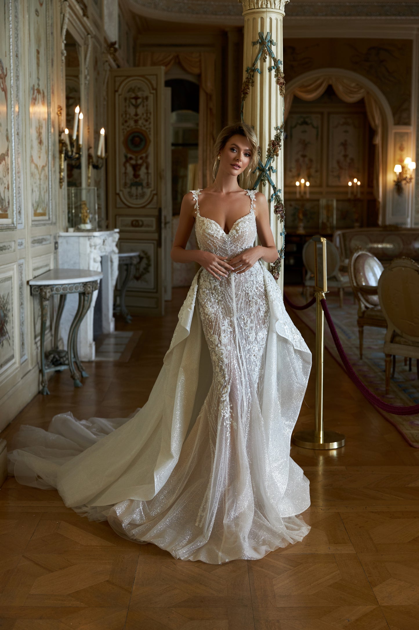 Fitted wedding dress with detachable chapel overskirt