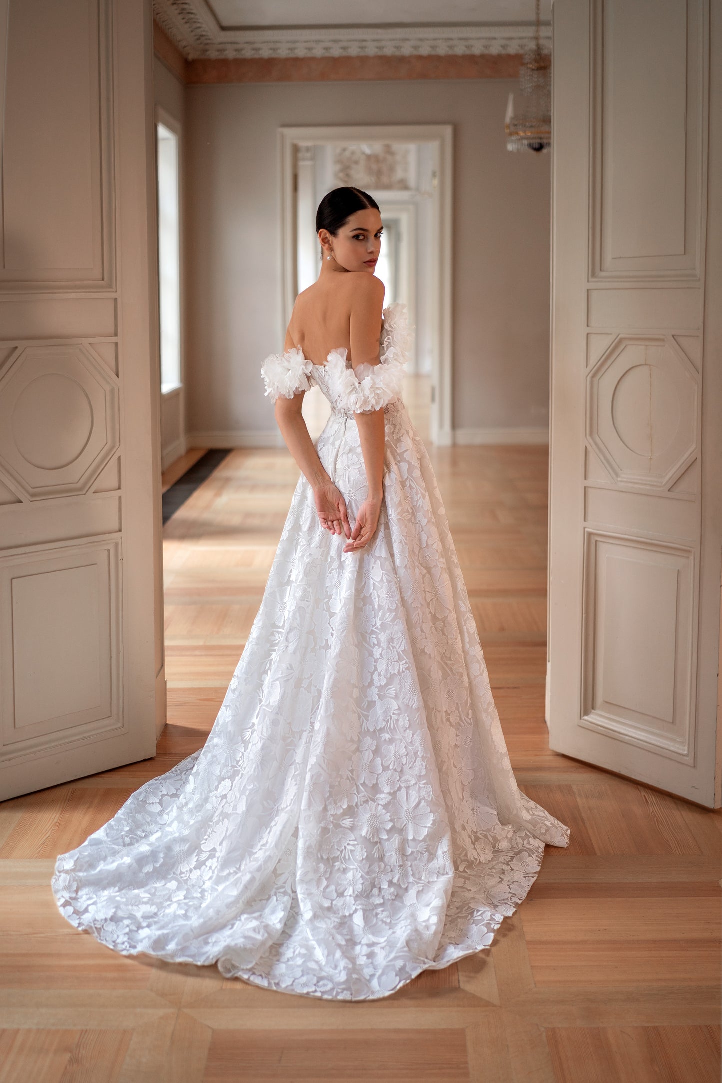 Romantic off-the-shoulder 3D floral A-line wedding dress