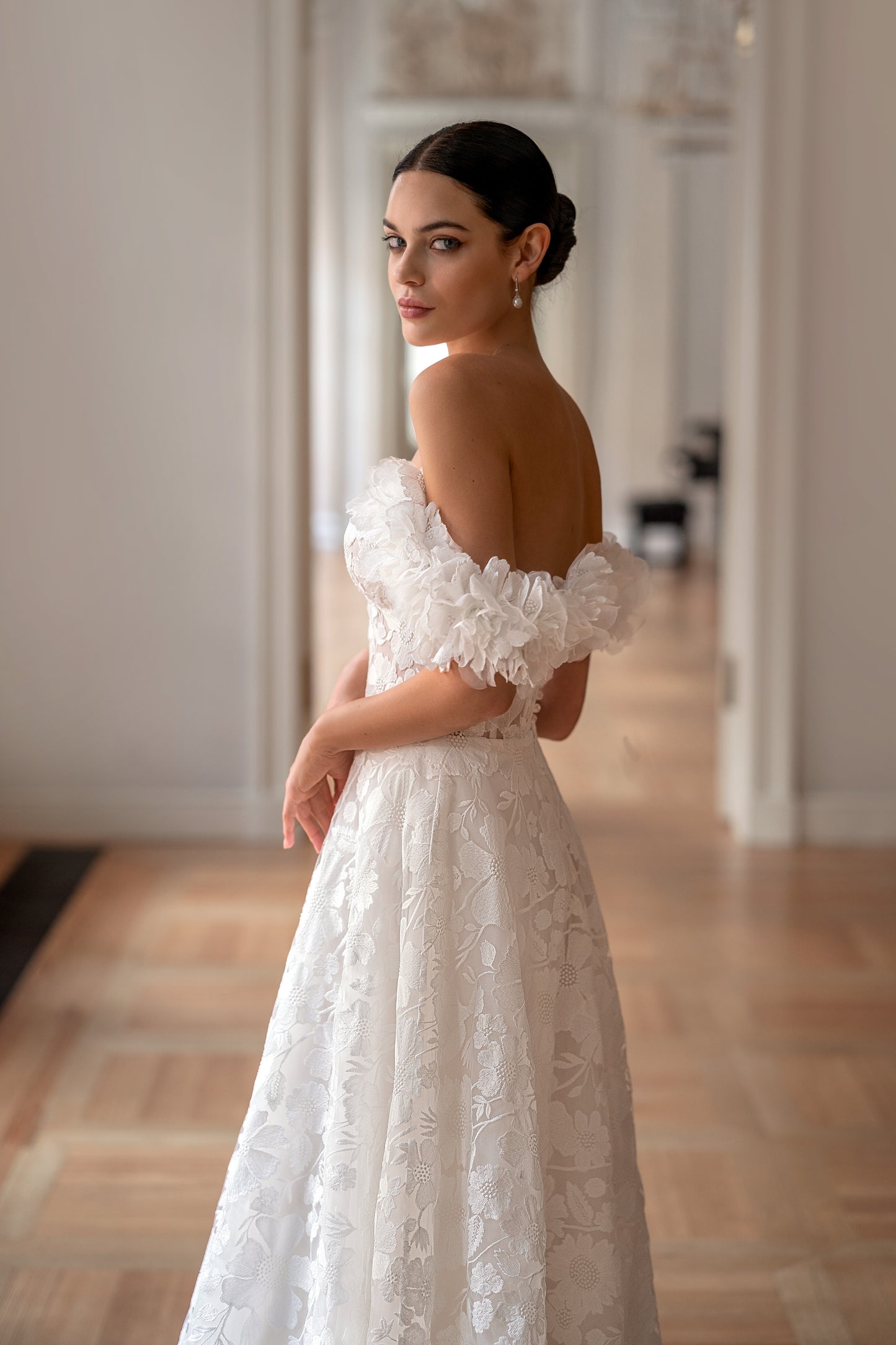 Romantic off-the-shoulder 3D floral A-line wedding dress