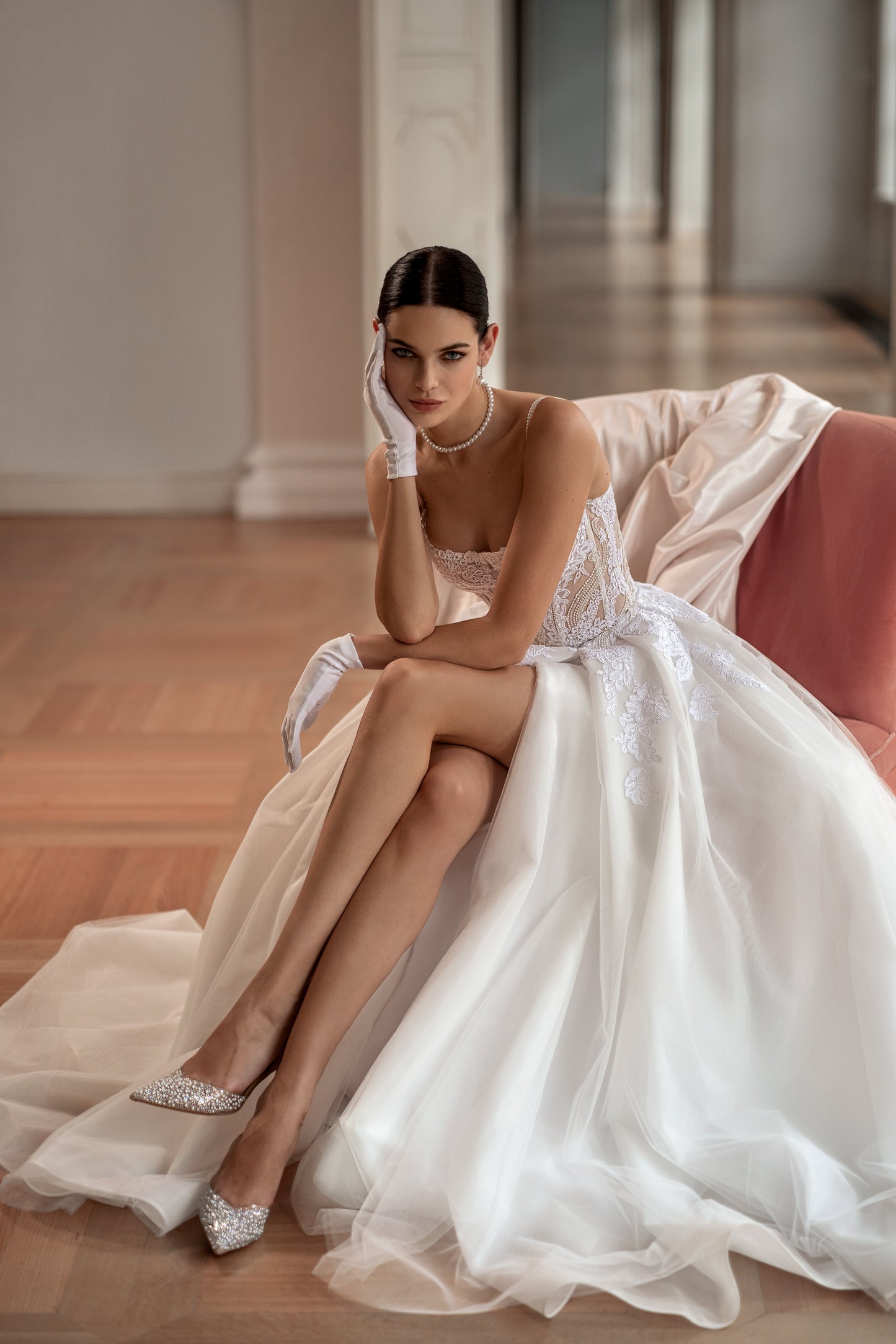 A-line wedding dress with spaghetti straps and boat neckline