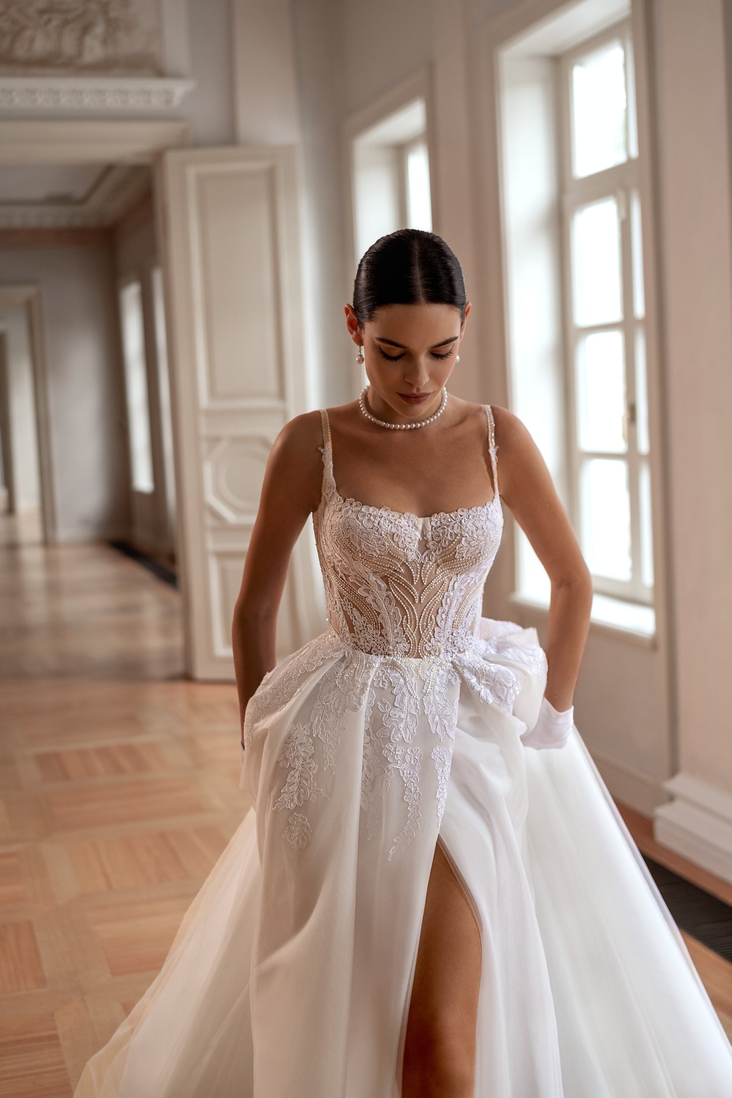 A-line wedding dress with spaghetti straps and boat neckline