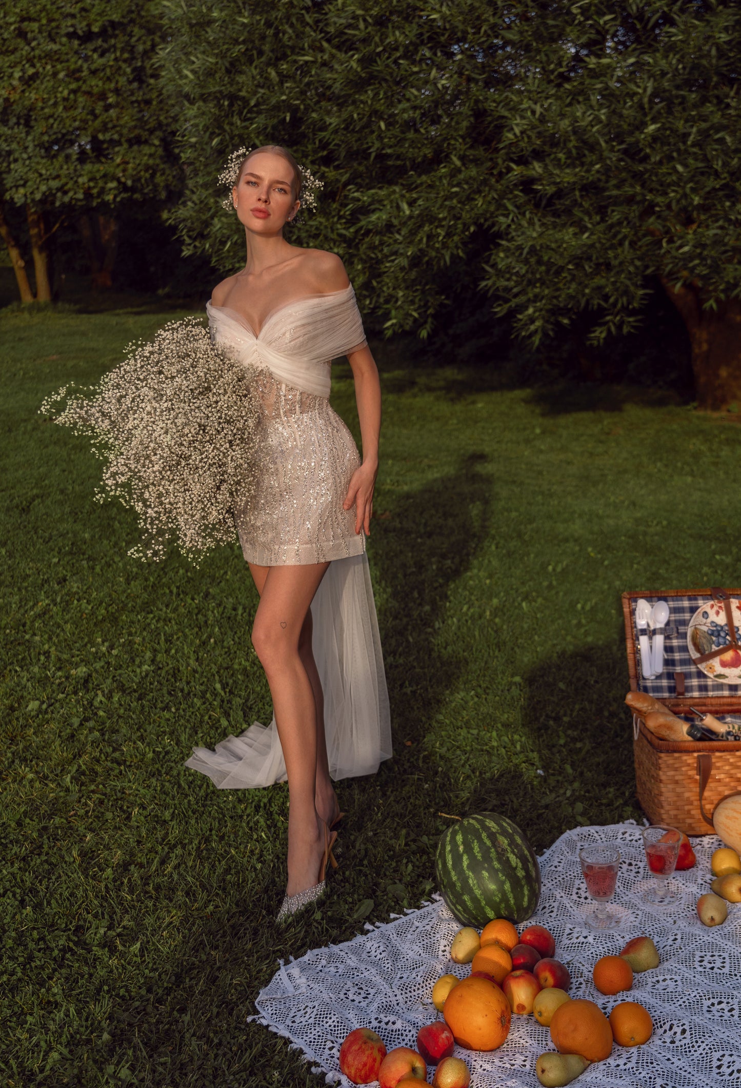 Mini wedding dress with A-line skirt & detachable tulle train
