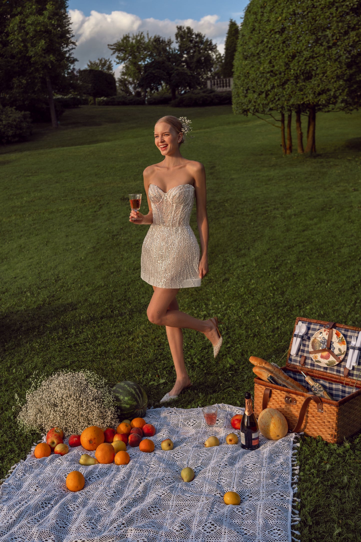 Mini wedding dress with A-line skirt & detachable tulle train