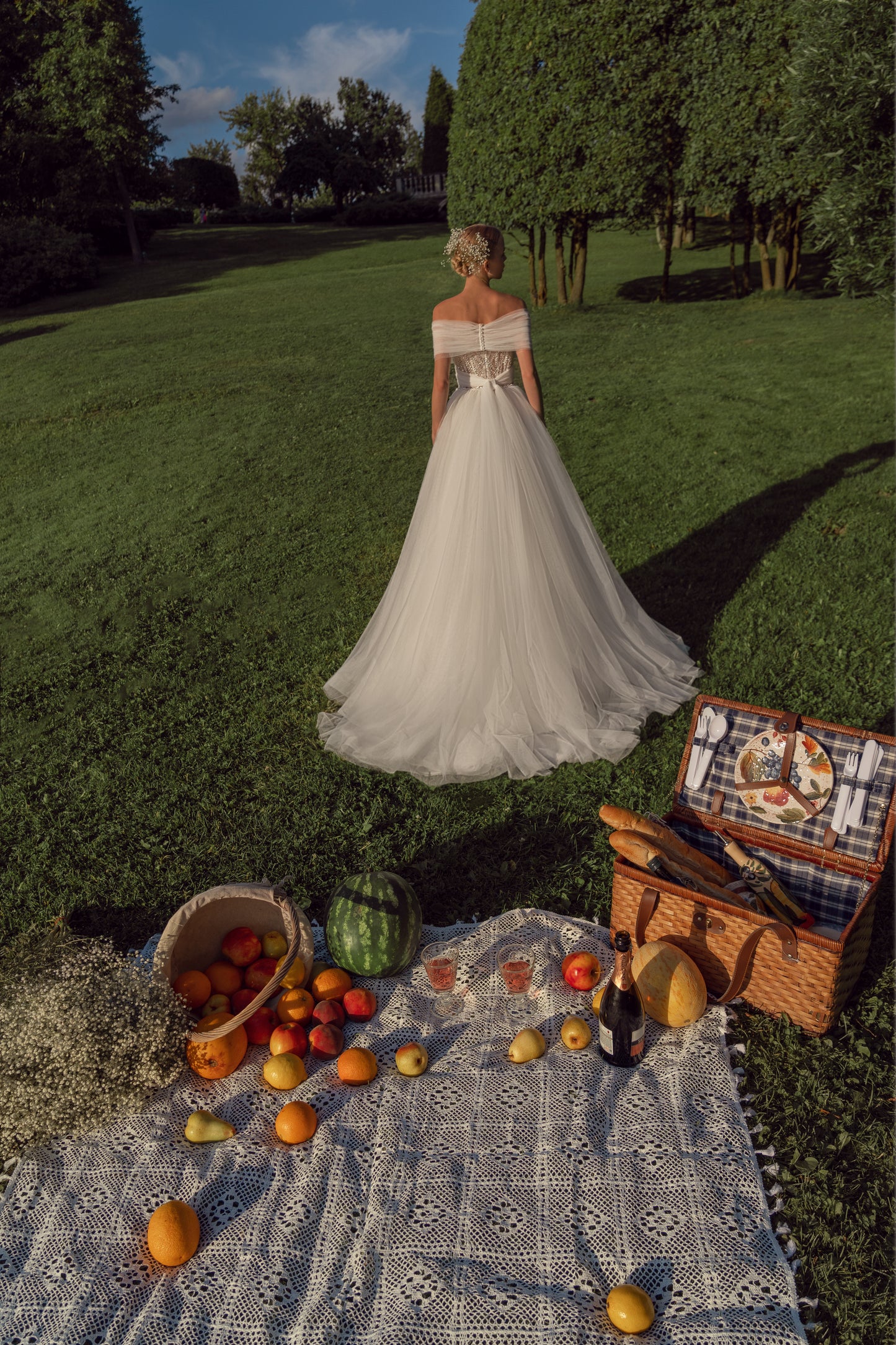 Mini wedding dress with A-line skirt & detachable tulle train