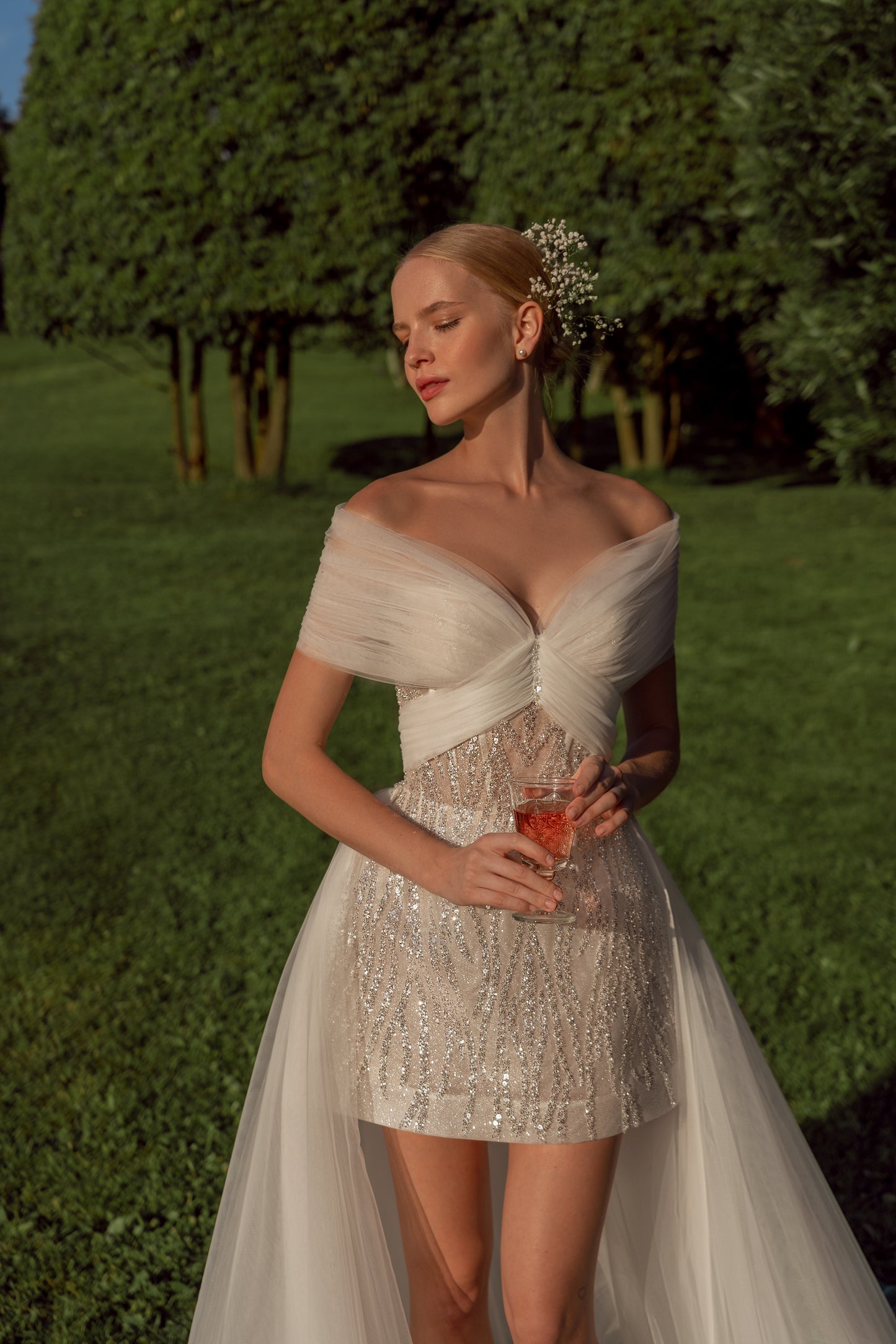 Mini wedding dress with A-line skirt & detachable tulle train