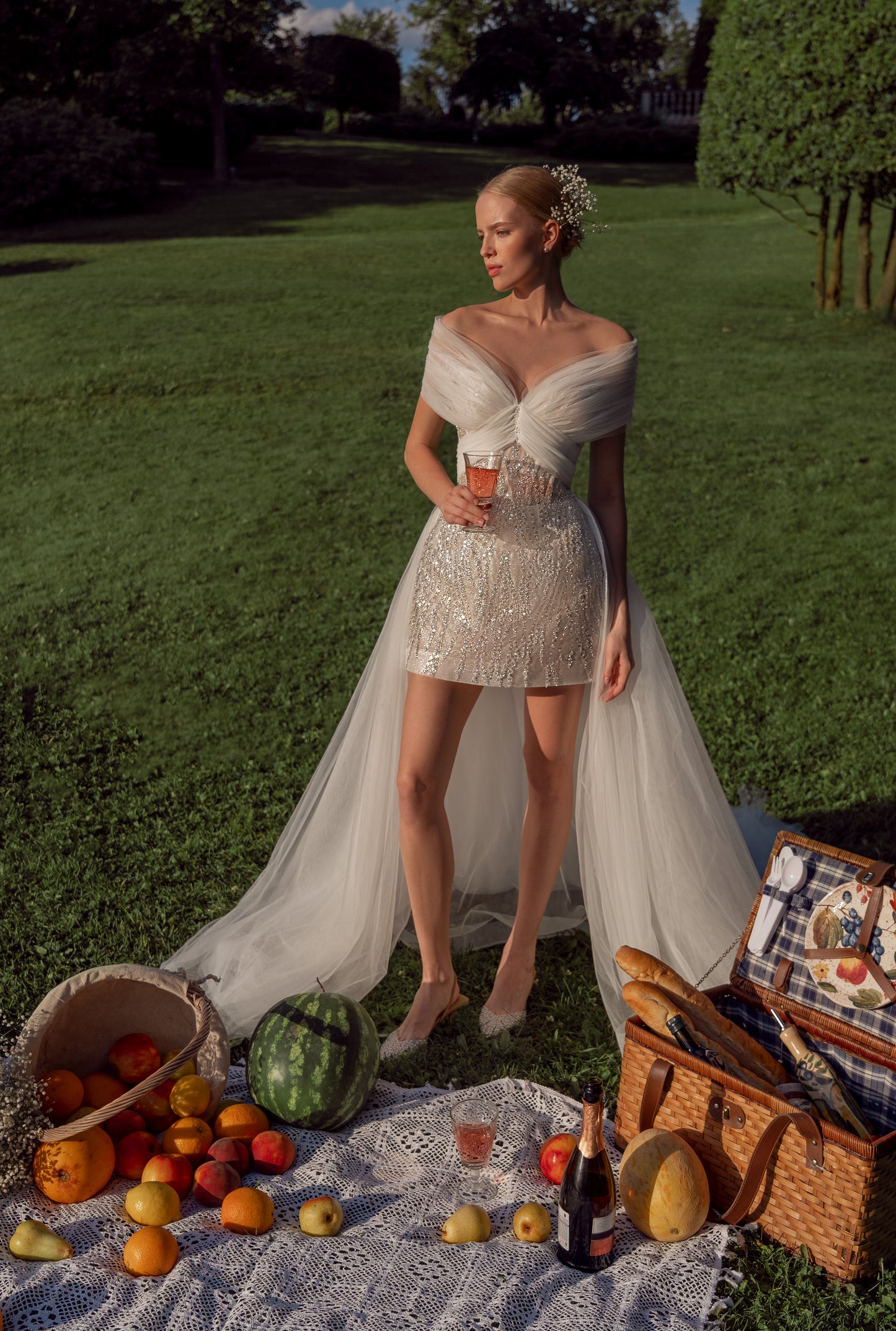 Mini wedding dress with A-line skirt & detachable tulle train