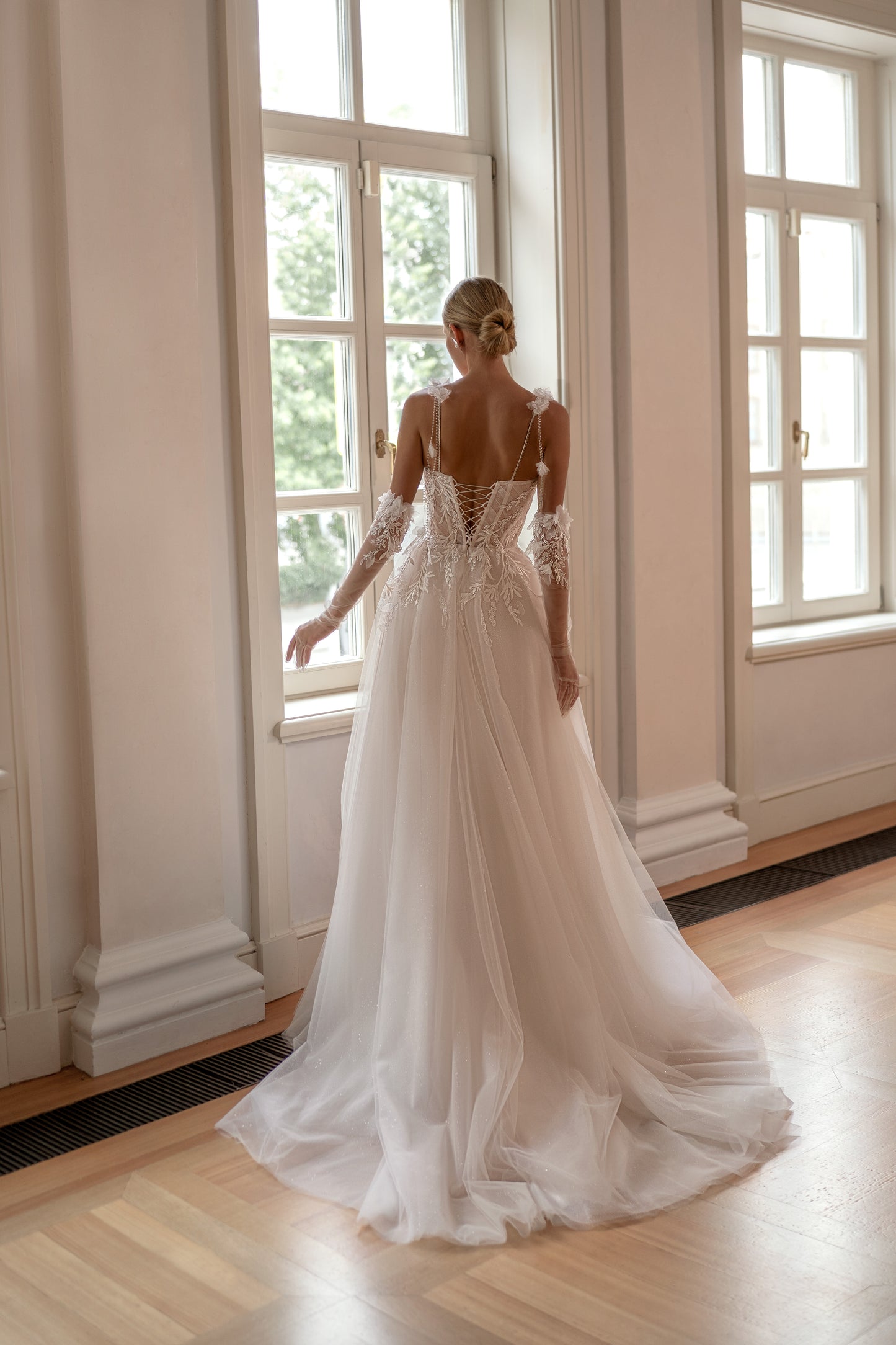 Romantic A-line tulle wedding dress with 3D floral elements