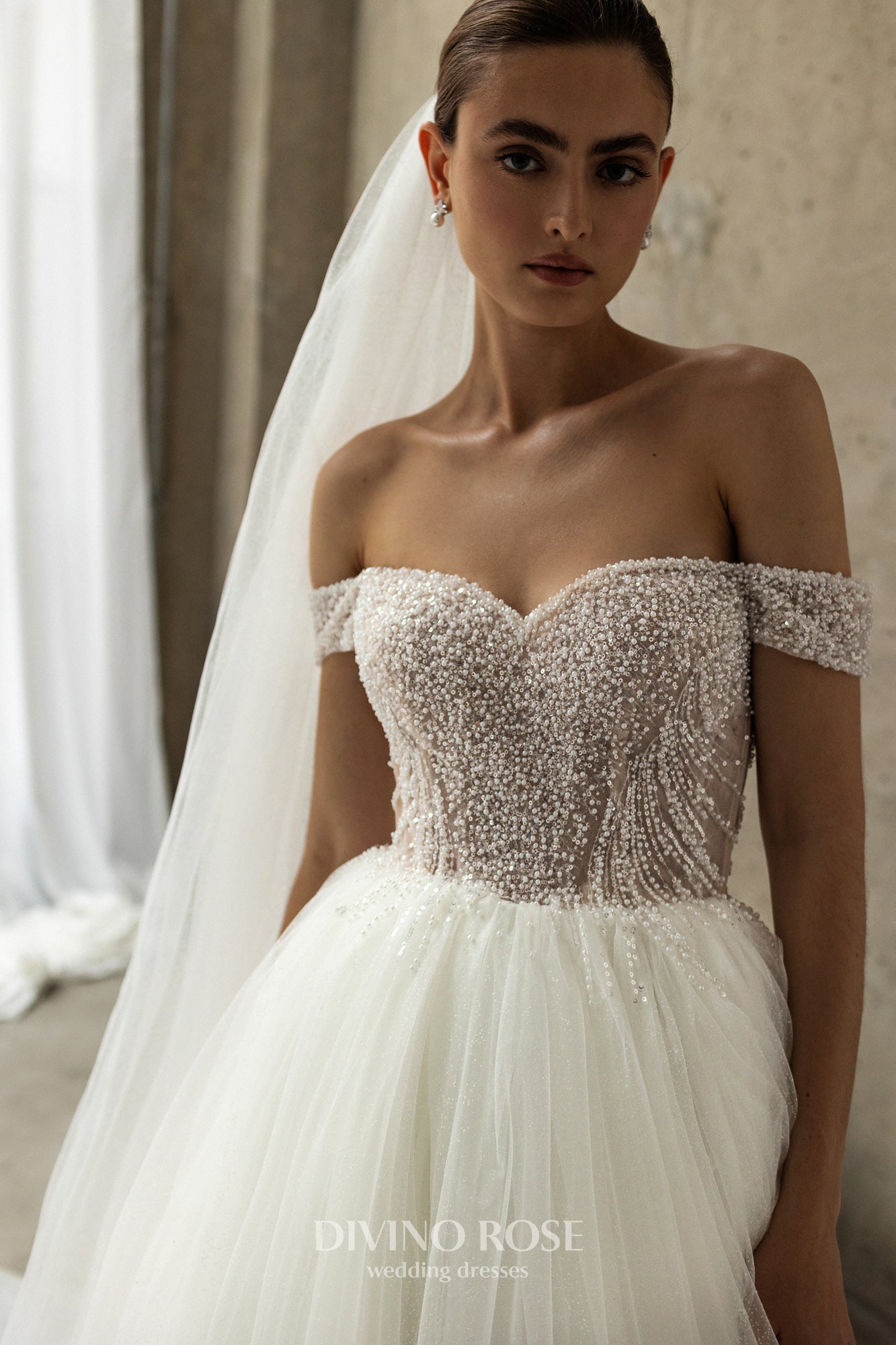 Princess A-line tulle wedding dress with pearl sequin bodice