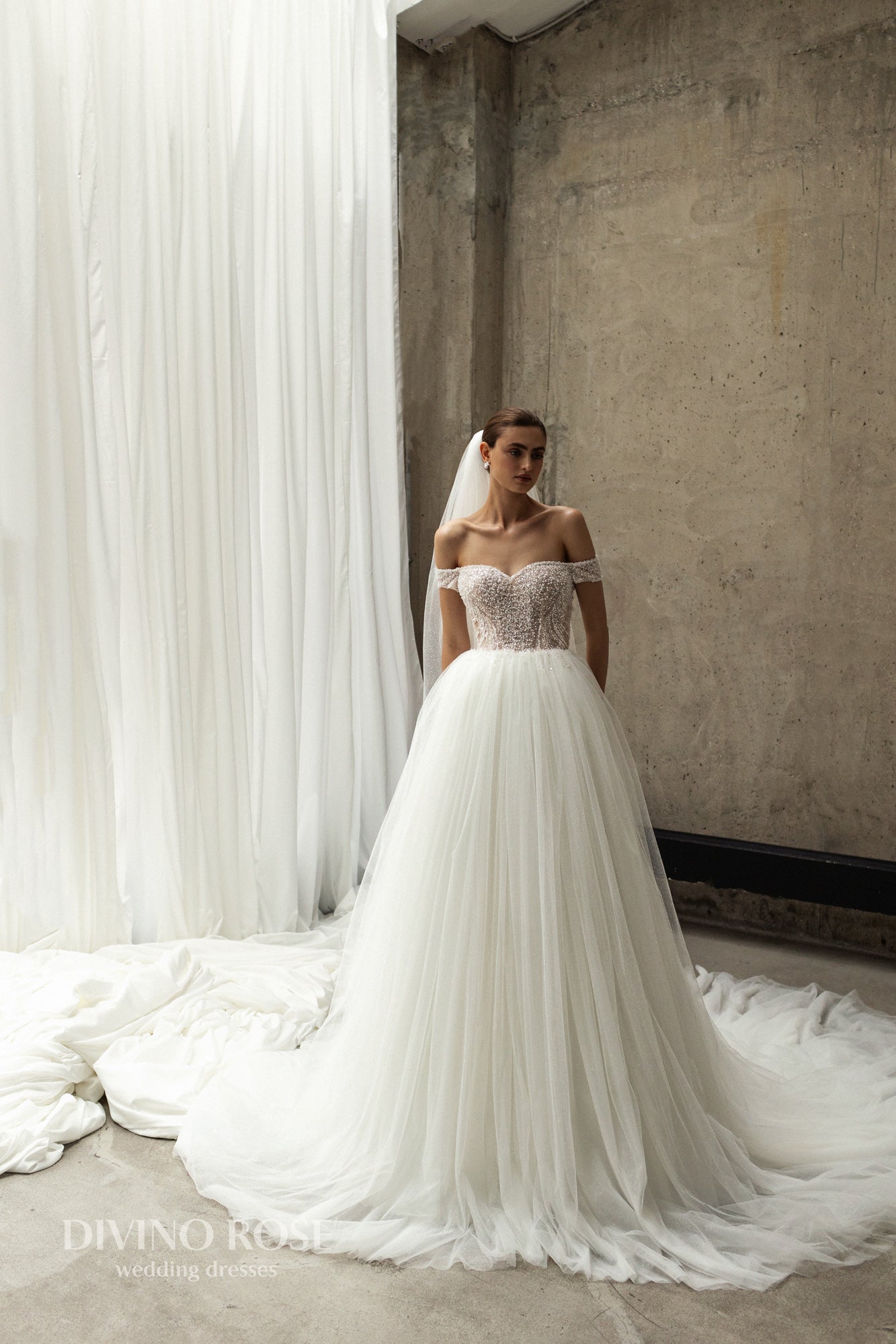 Princess A-line tulle wedding dress with pearl sequin bodice