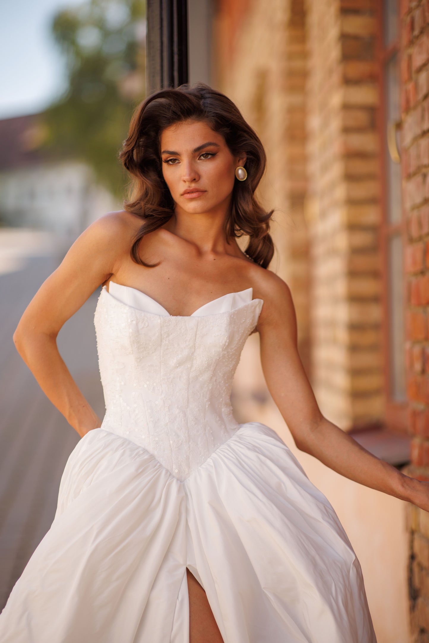 Princess wedding dress with chapel train and lace-up corset