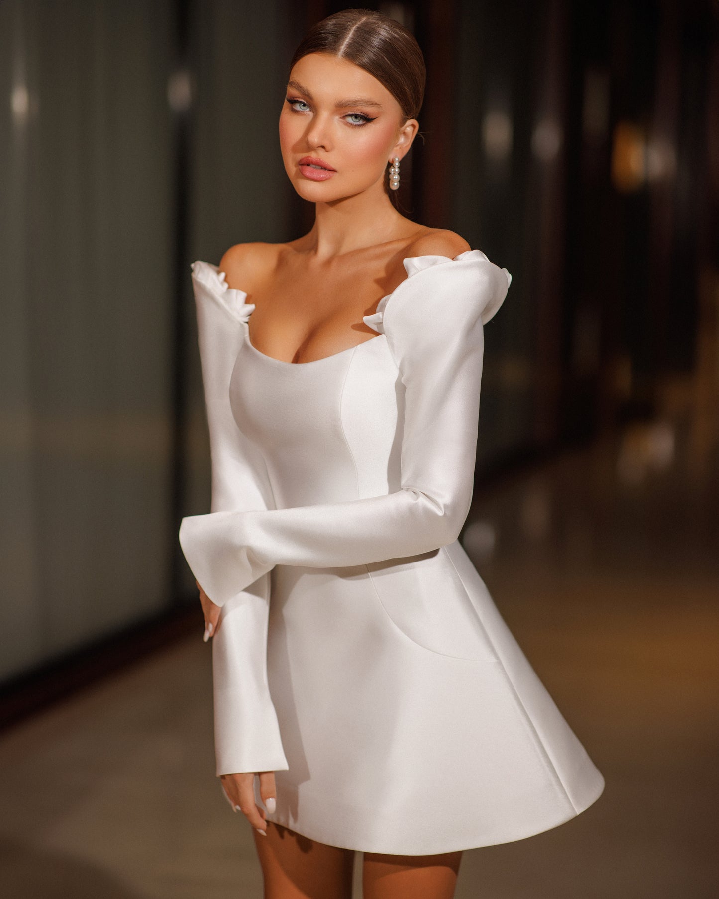 Mini A-line Mikado wedding dress with long sleeves