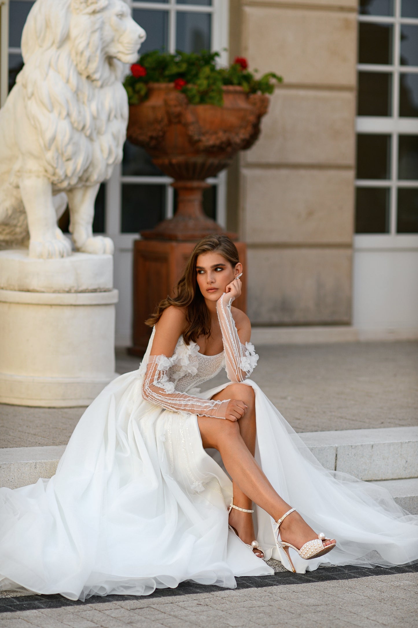 3D floral A-line wedding dress with removable long sleeves
