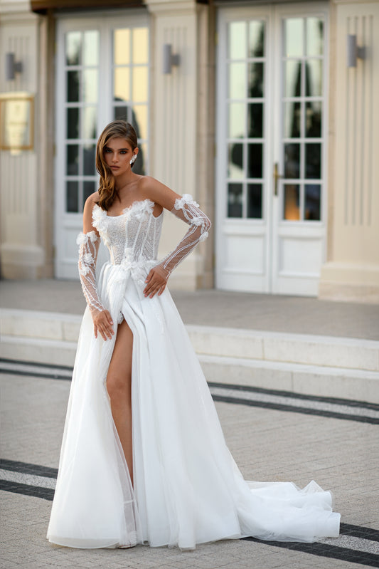 3D floral A-line wedding dress with removable long sleeves