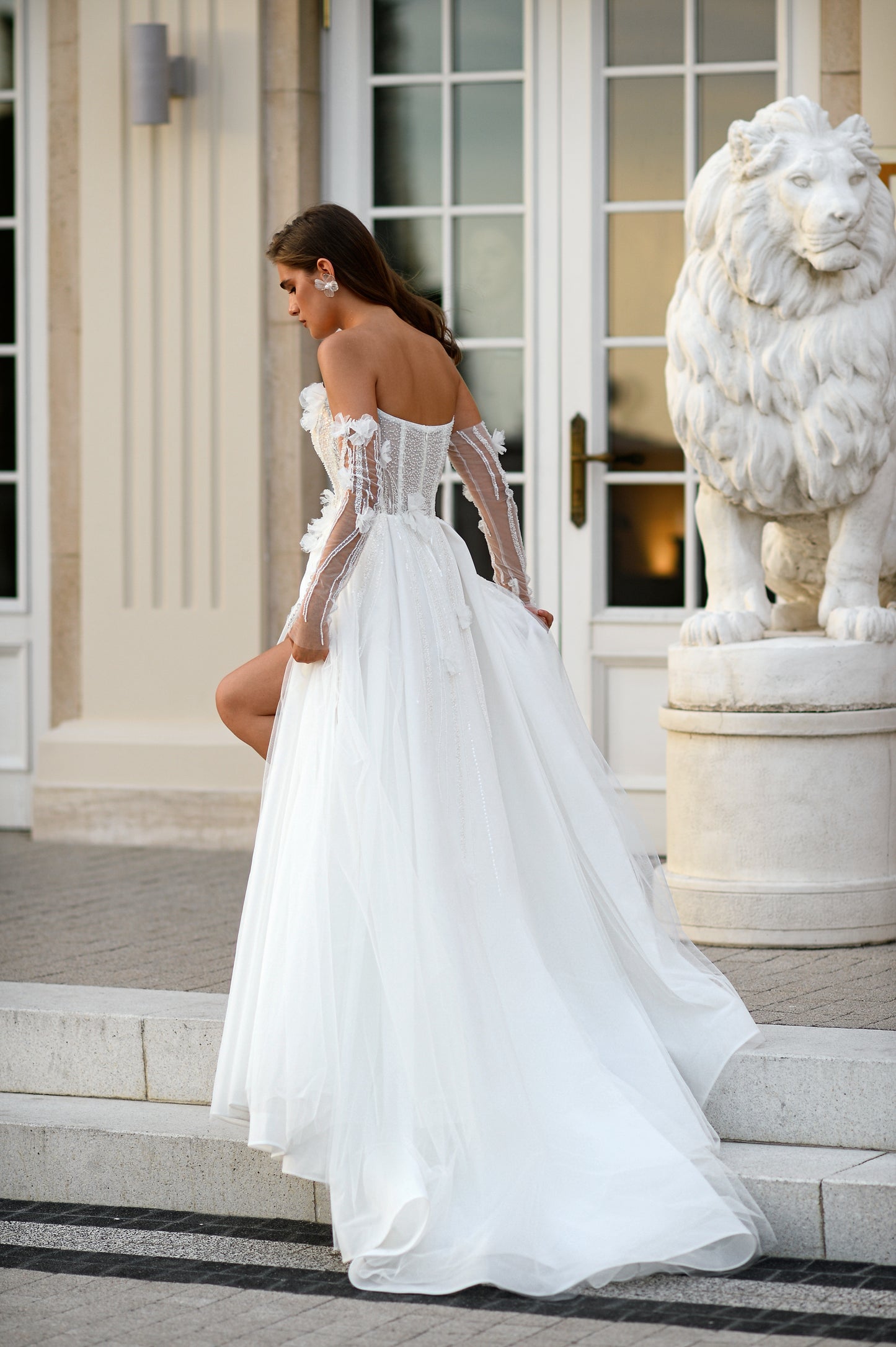 3D floral A-line wedding dress with removable long sleeves