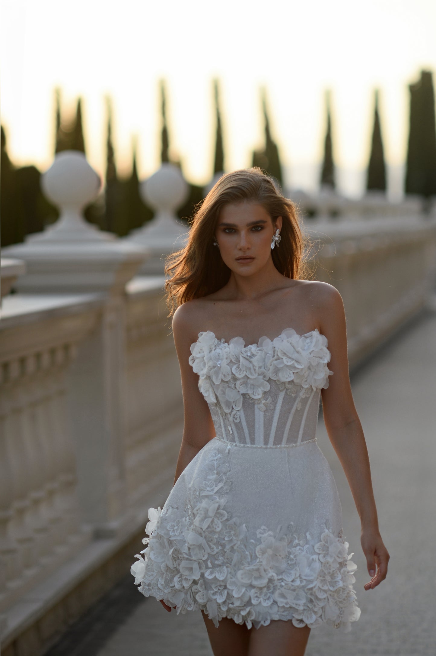 Mini sleeveless A-line wedding dress with 3D floral details