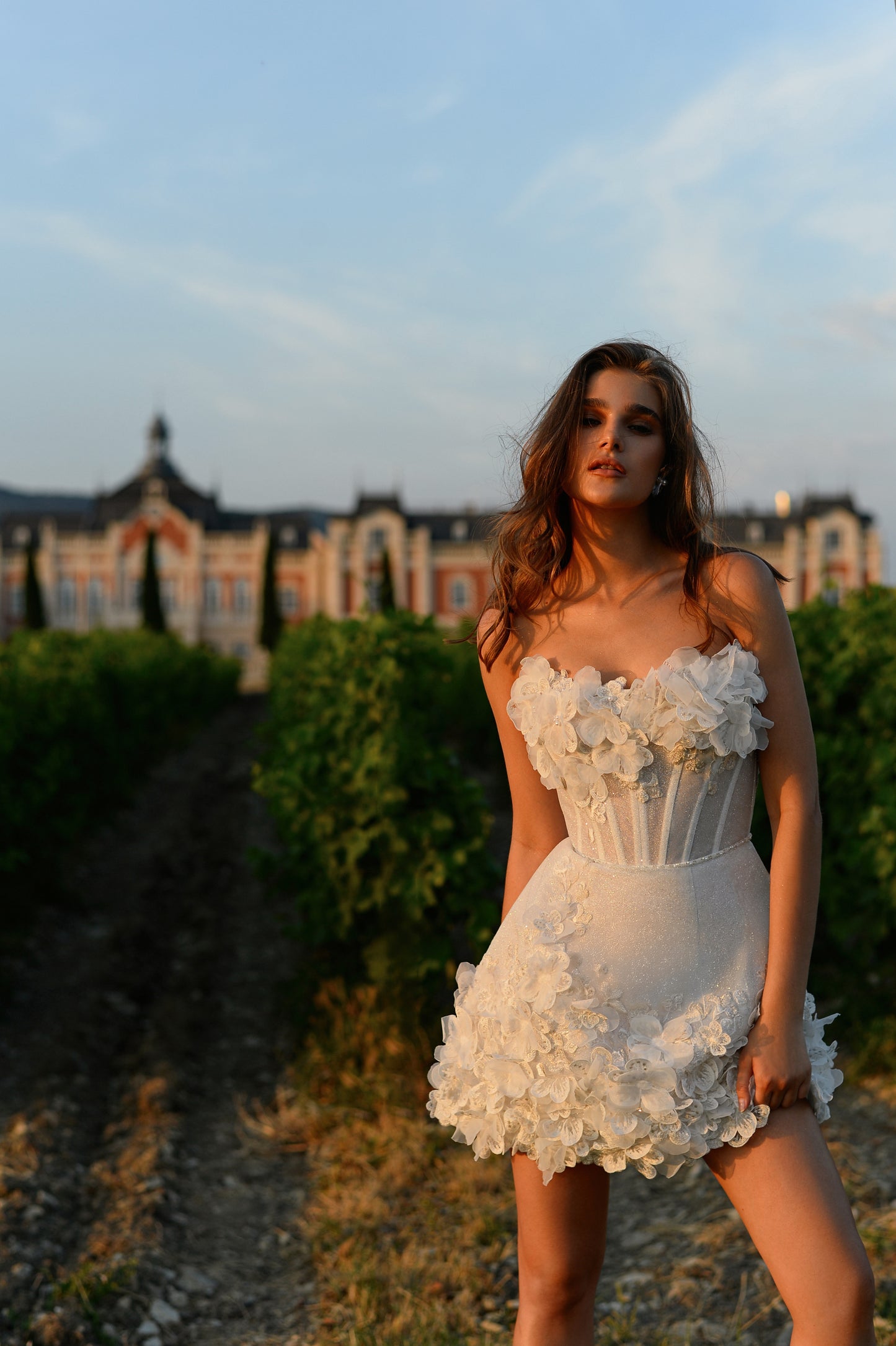 Mini sleeveless A-line wedding dress with 3D floral details