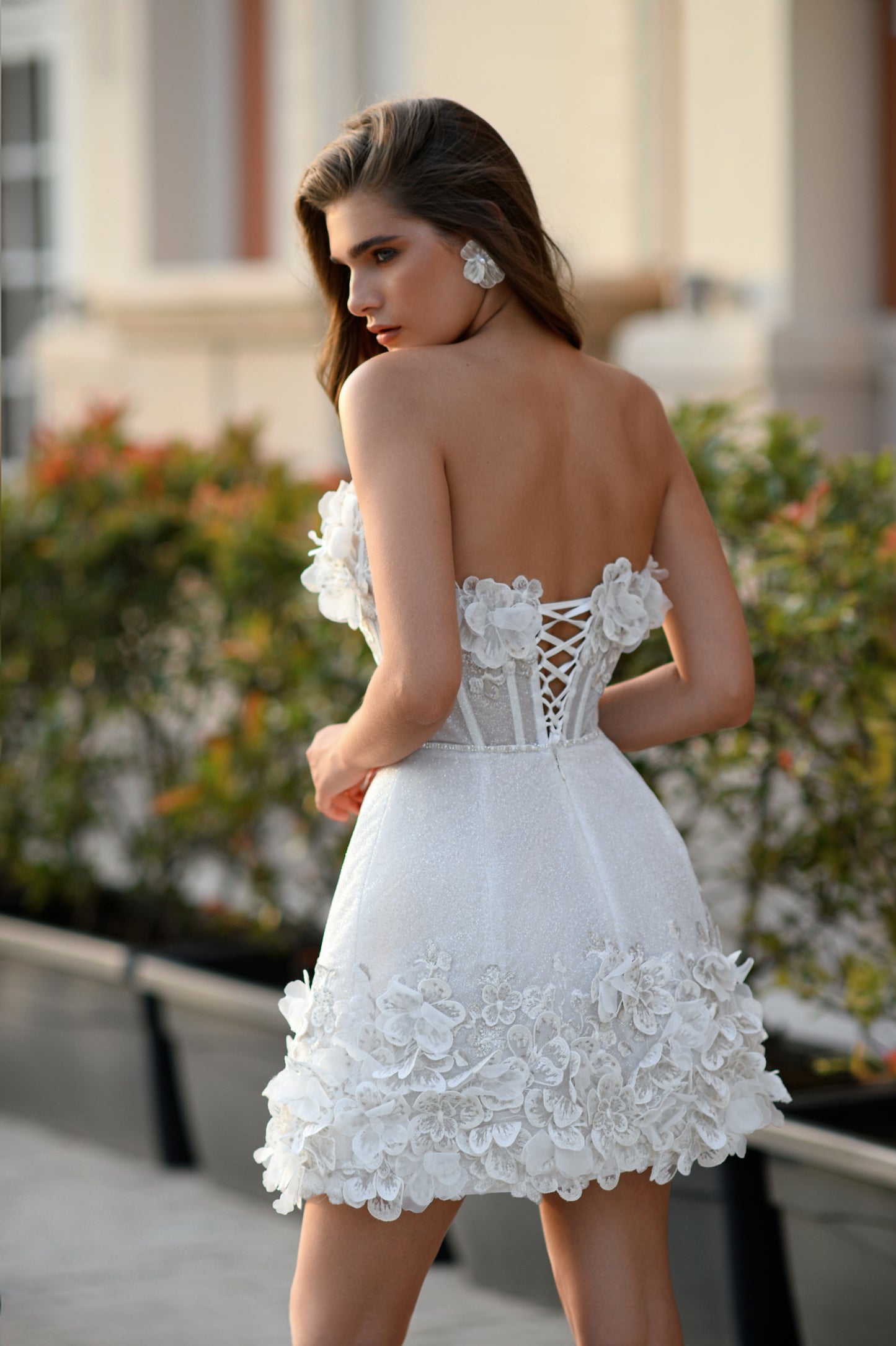 Mini sleeveless A-line wedding dress with 3D floral details
