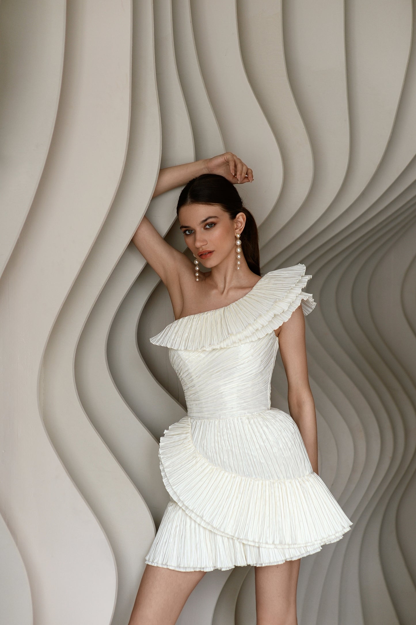 Mini one shoulder wedding dress with ruffled draped neckline