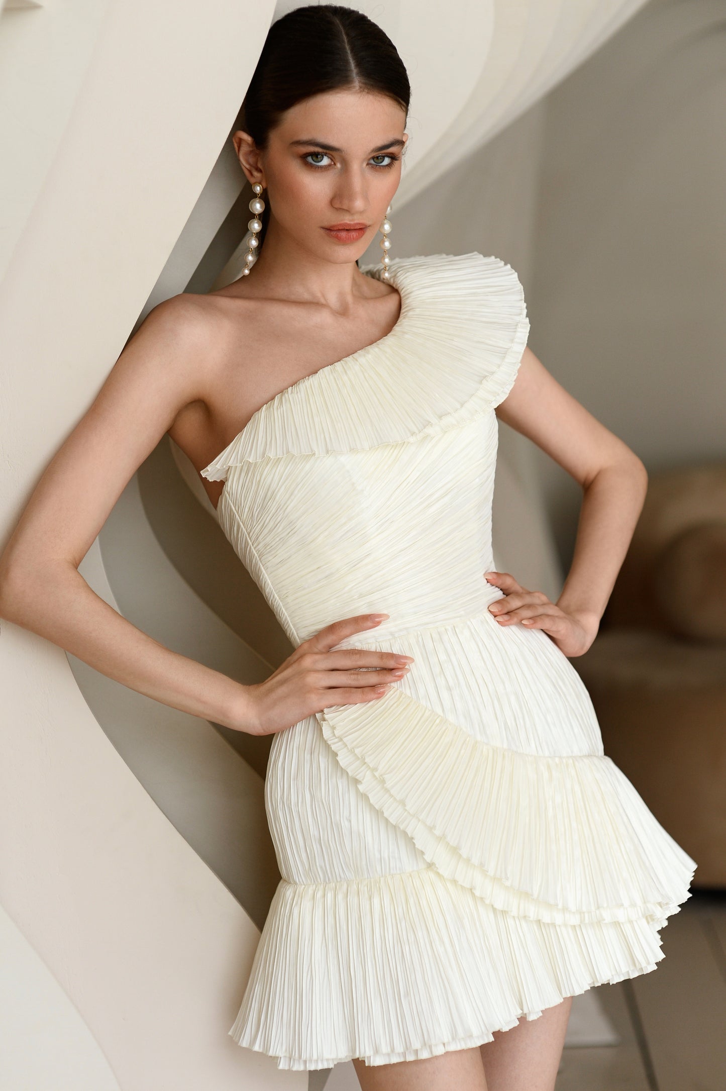 Mini one shoulder wedding dress with ruffled draped neckline