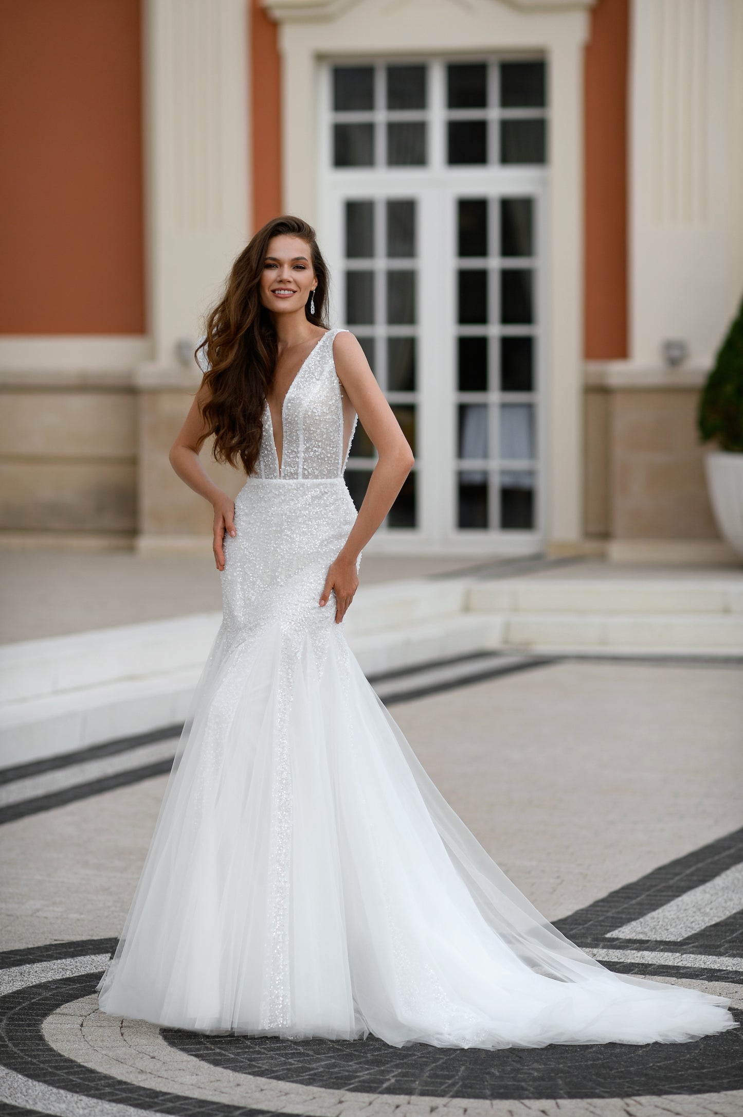 Mermaid wedding dress with pearl sequin lace and fishtail train