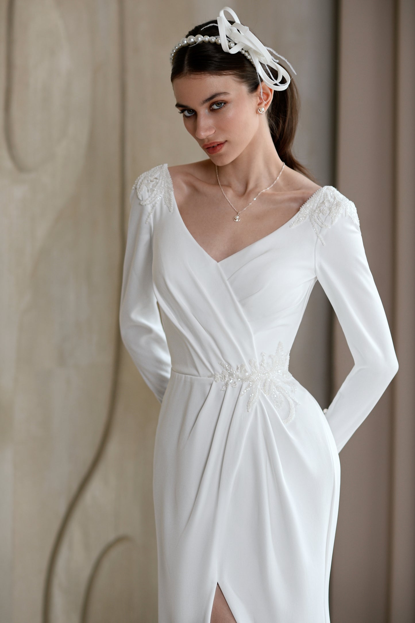 Sheath mermaid wedding dress with long sleeves & slit skirt