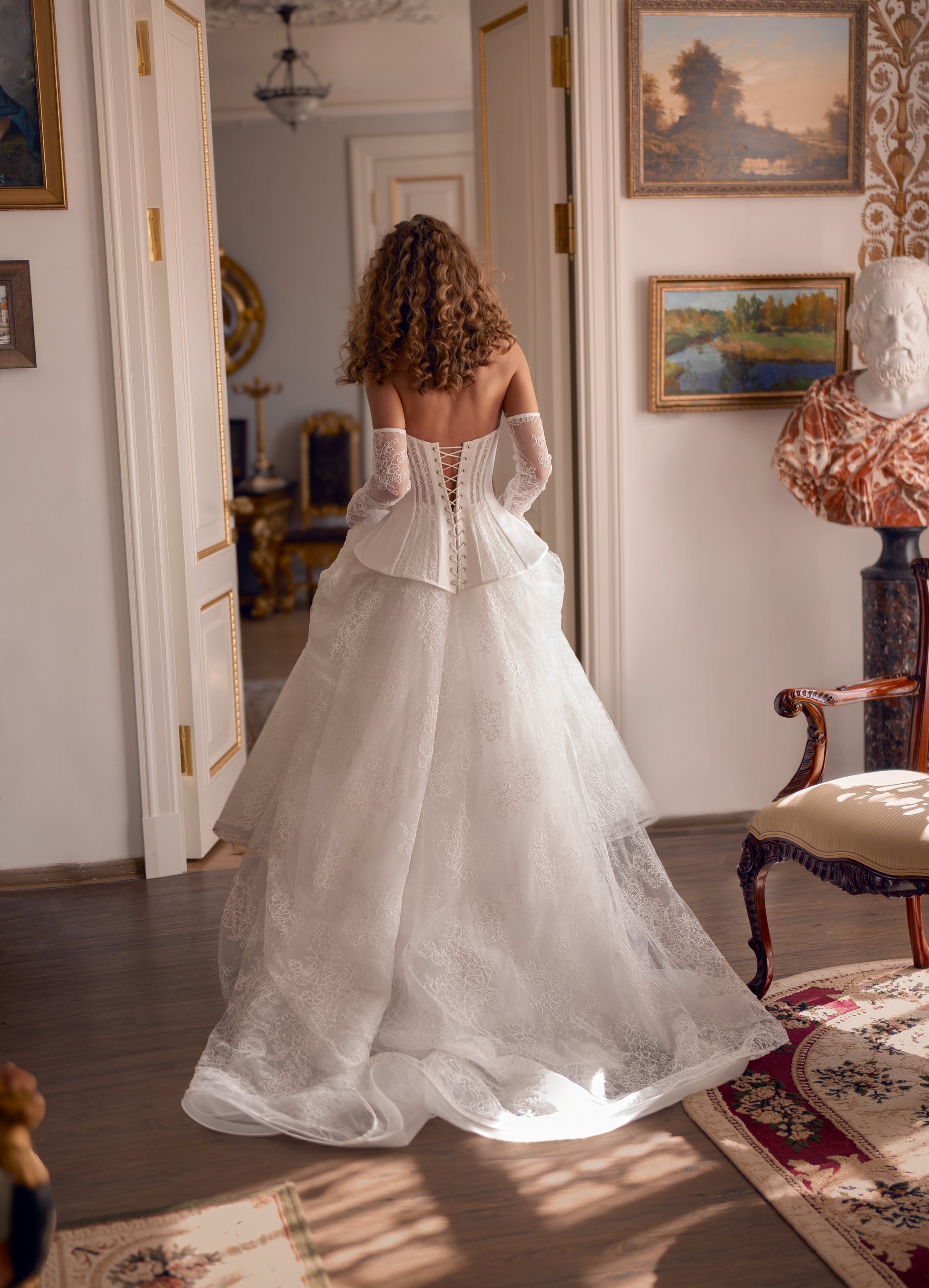 lace corset princess ball gown with off-shoulder sleeves and chapel train