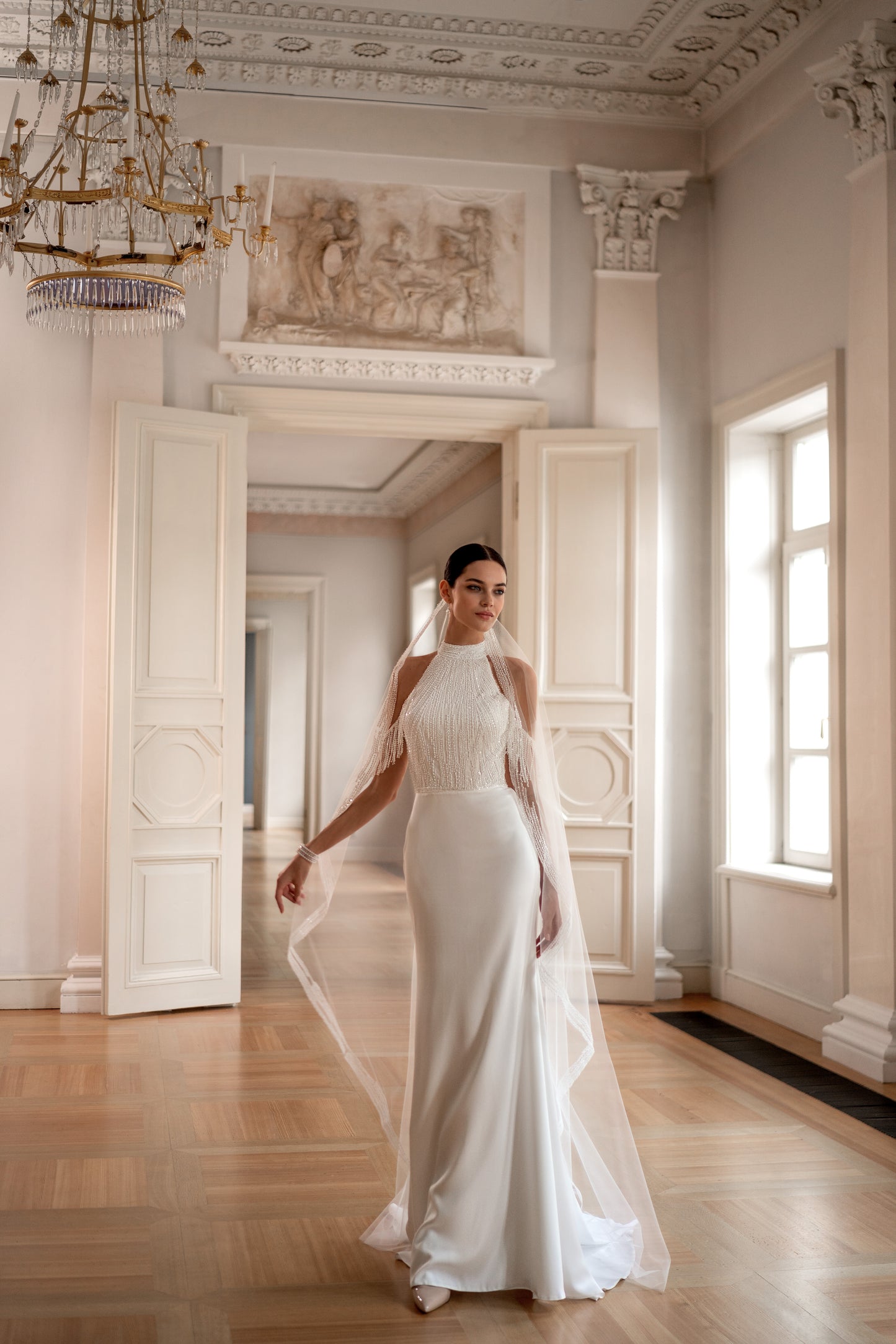 Mock neck sleeveless wedding dress with mermaid silhouette