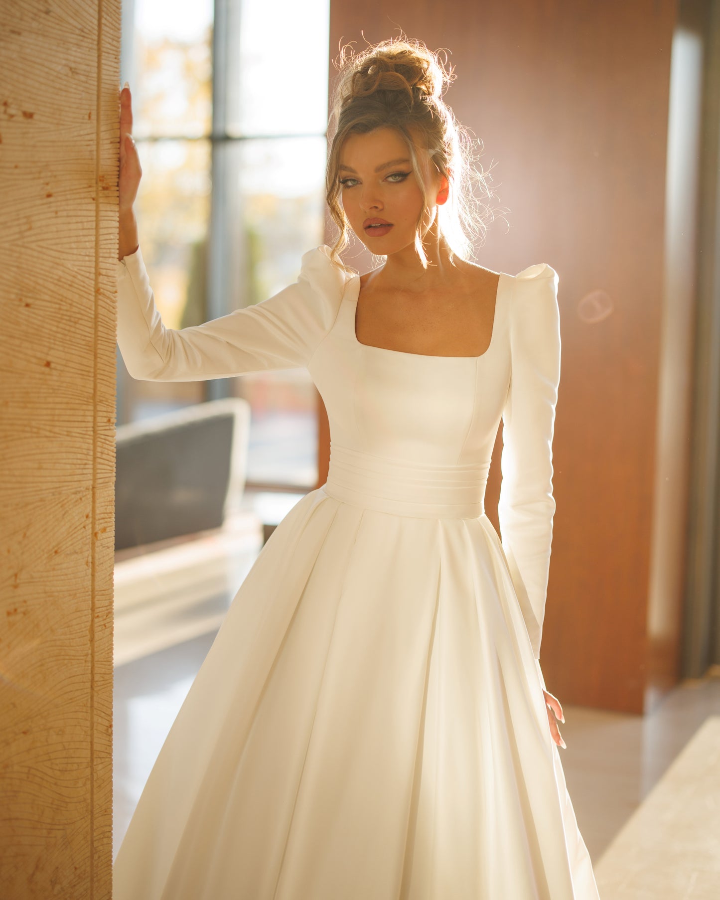 Mikado A-line off-the-shoulder wedding dress with long sleeves