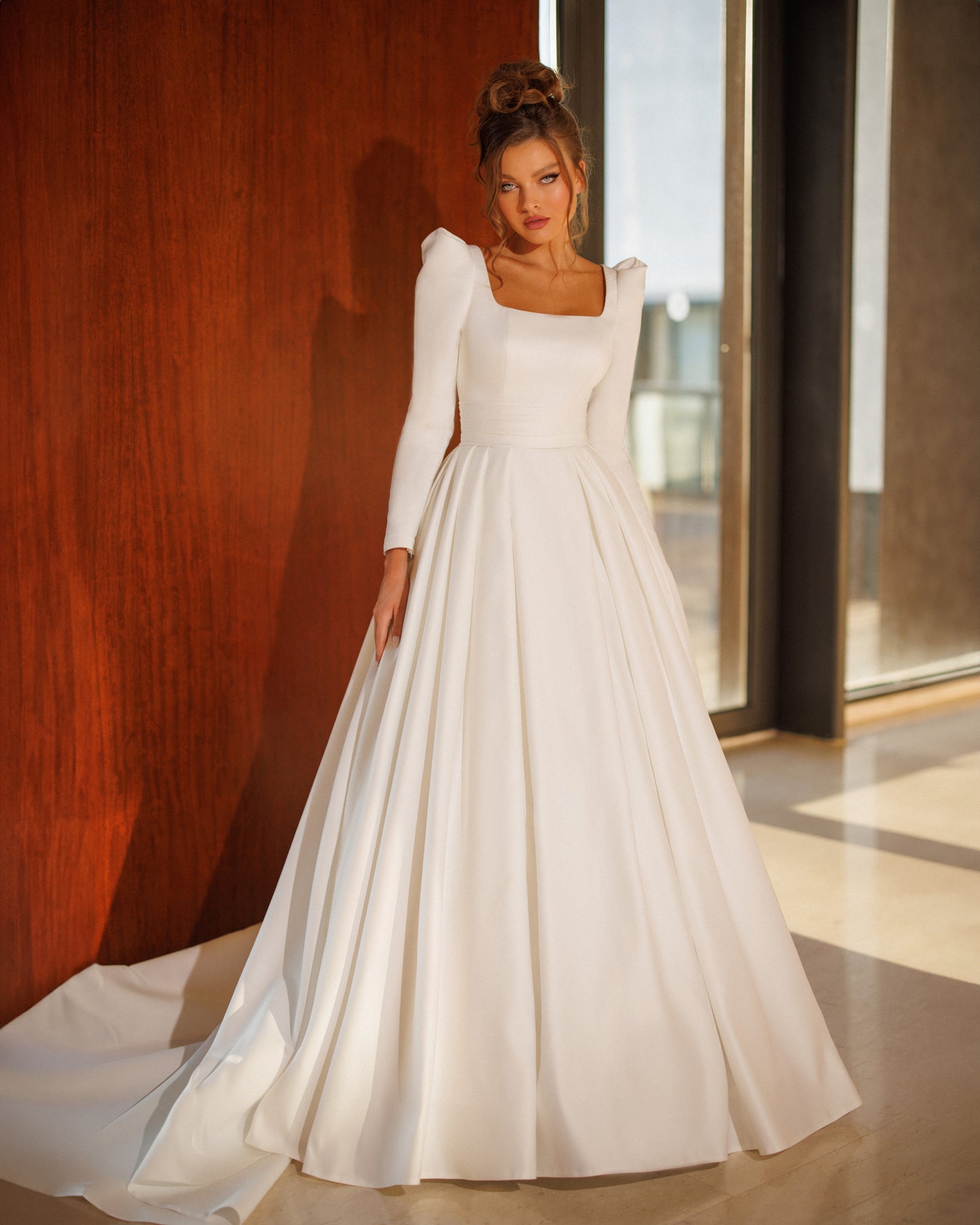 Mikado A-line off-the-shoulder wedding dress with long sleeves