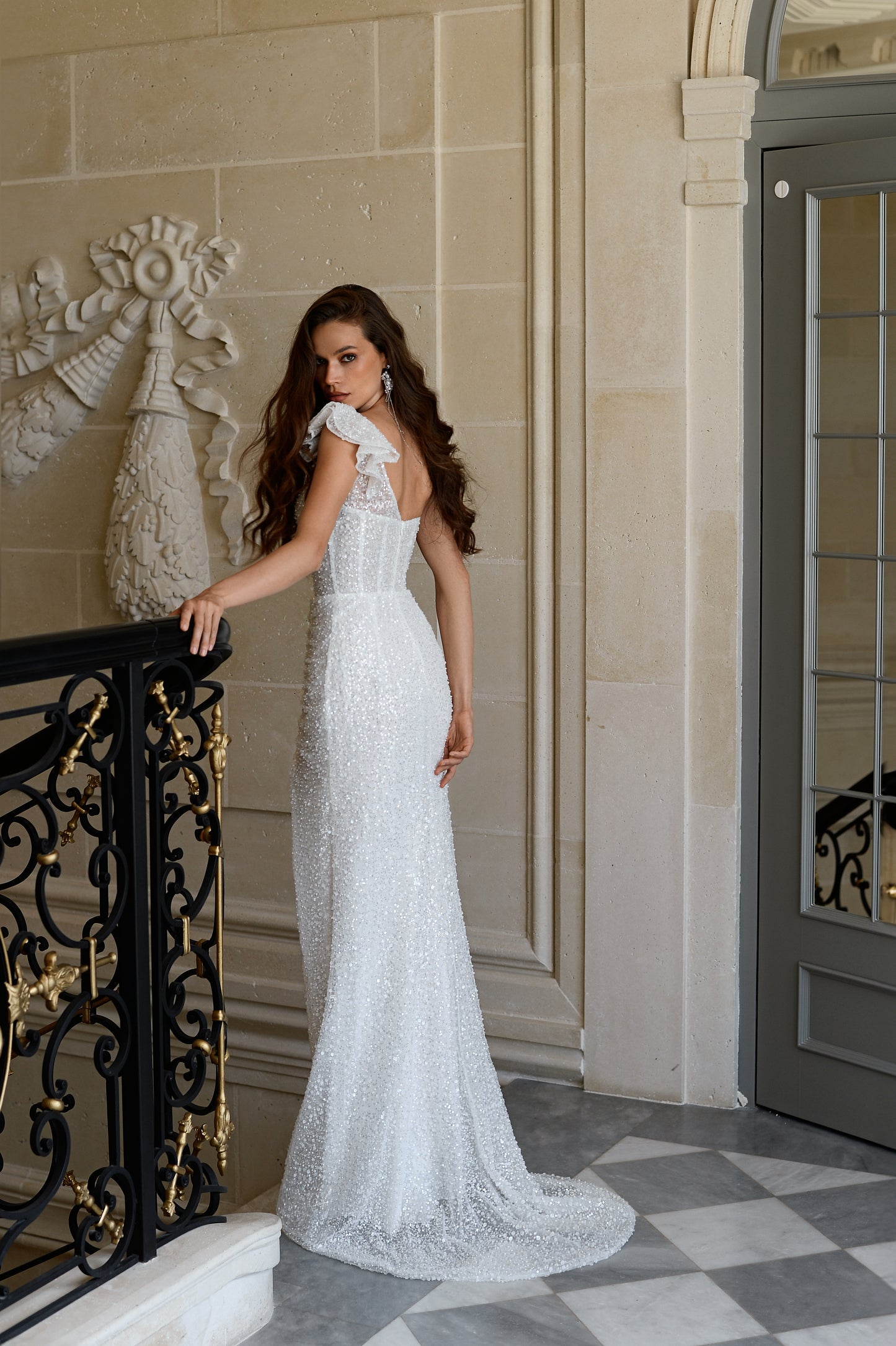 One shoulder sequin lace sheath wedding dress with slit