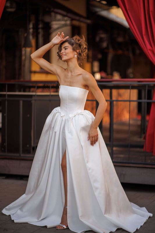 Princess Mikado wedding dress with chapel train & slit skirt